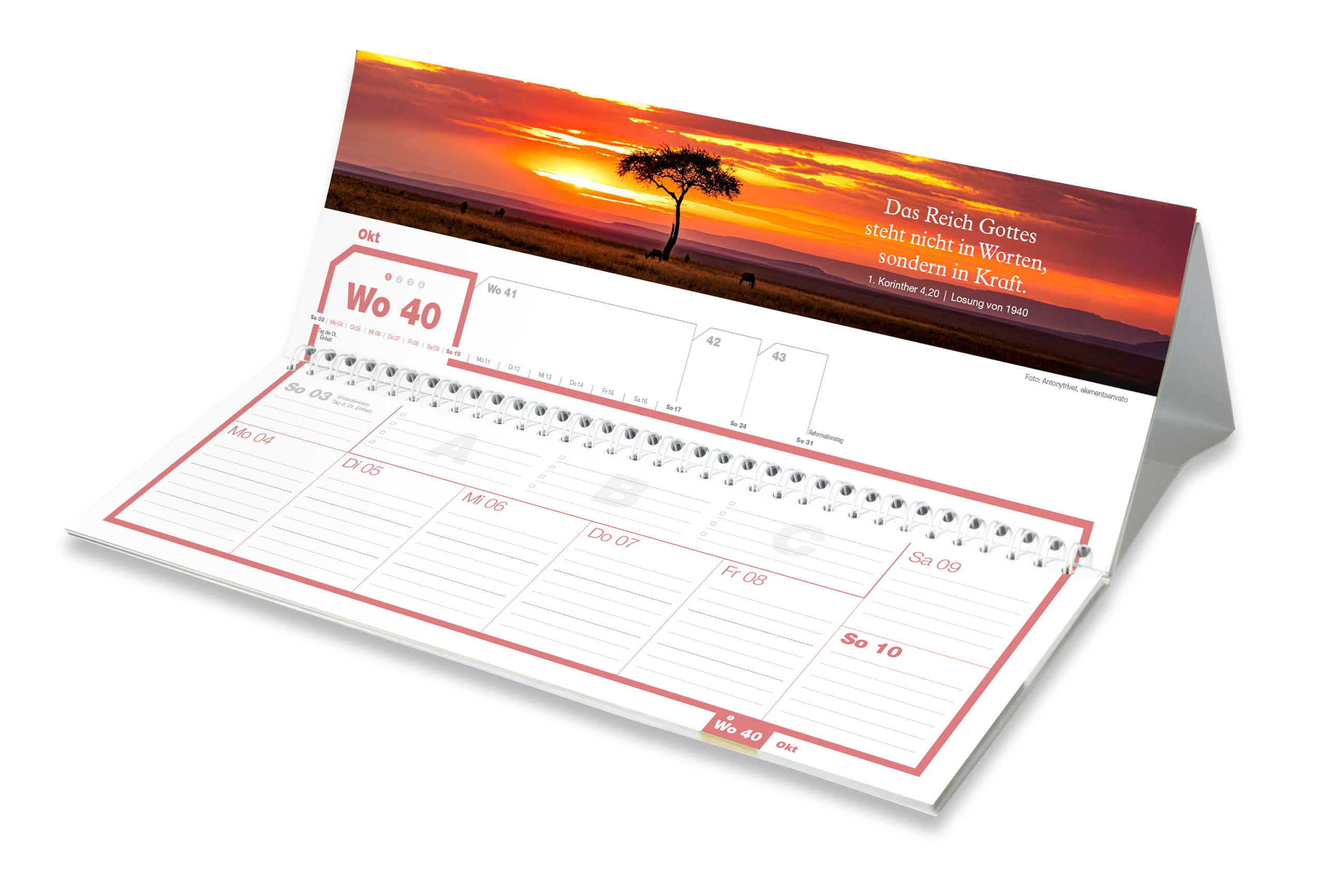 weekview Panorama Tischkalender 2027 aufgestellt, Woche 40 mit Register-Laschen
