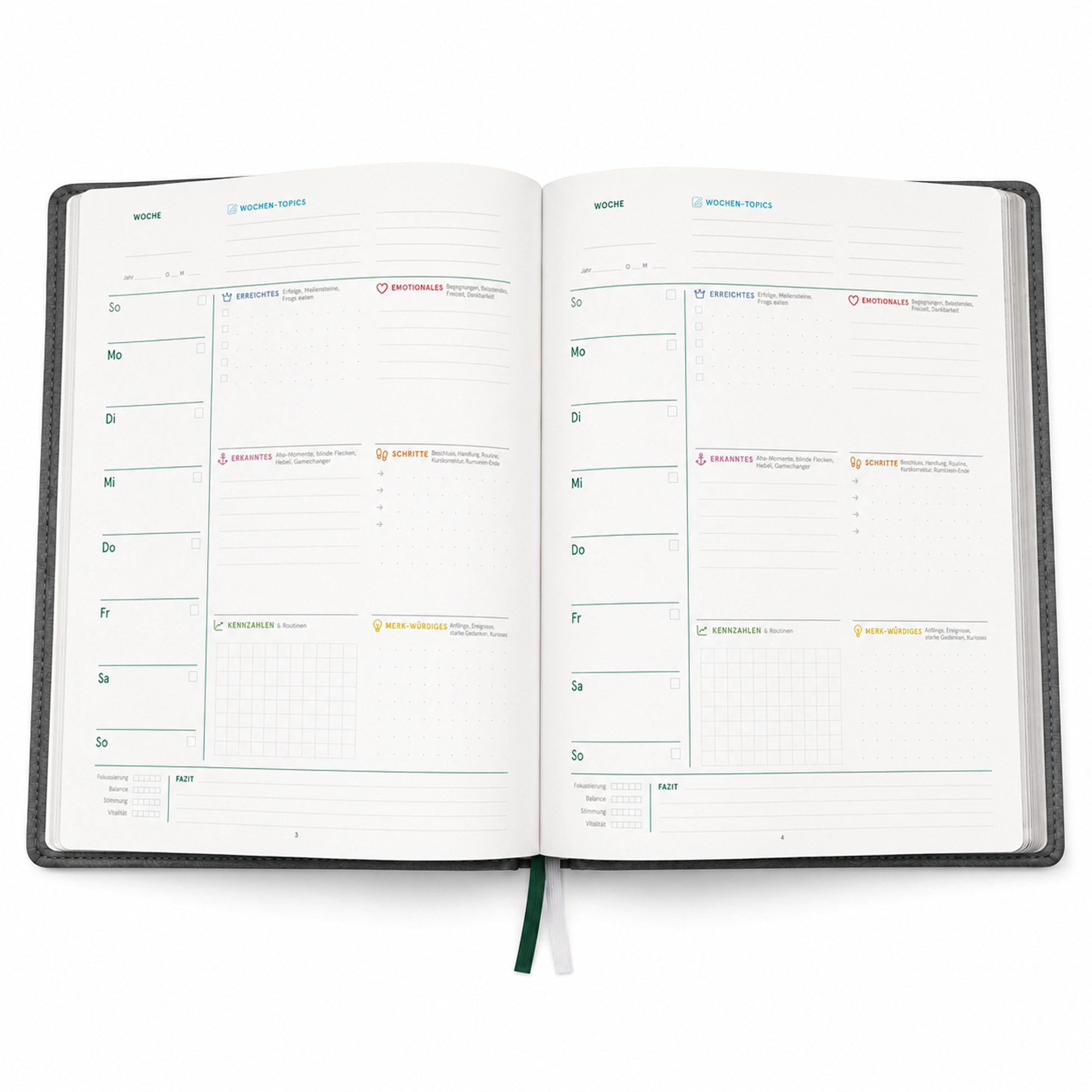 Aufgeschlagene Wochenseite des weekview Essentials mit dem Reflexions-Canvas