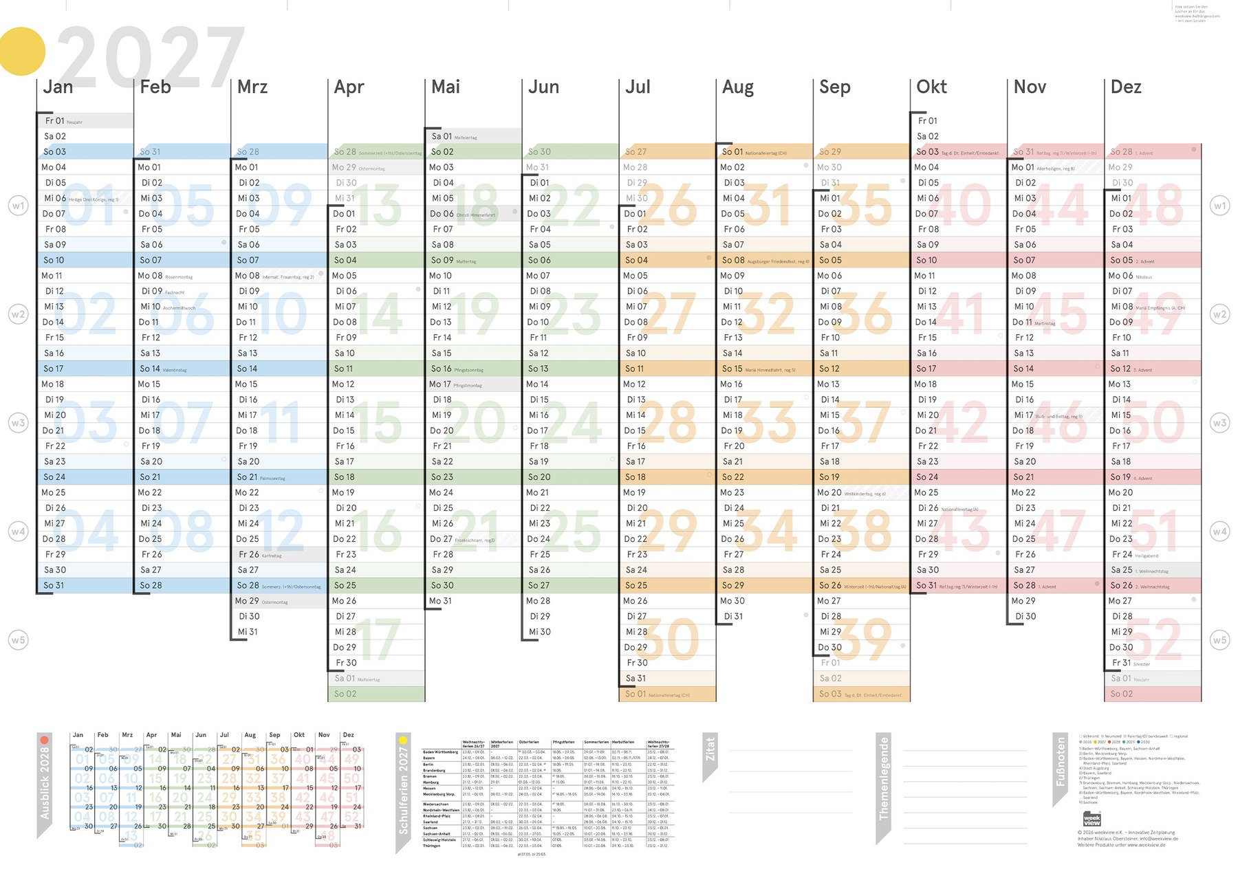 weekview Wandplaner Colour 2027 in DIN A1 – zwölf Monatsspalten, Kalenderwochen, Quartalsfarben, Schulferien und Ausblick 2028