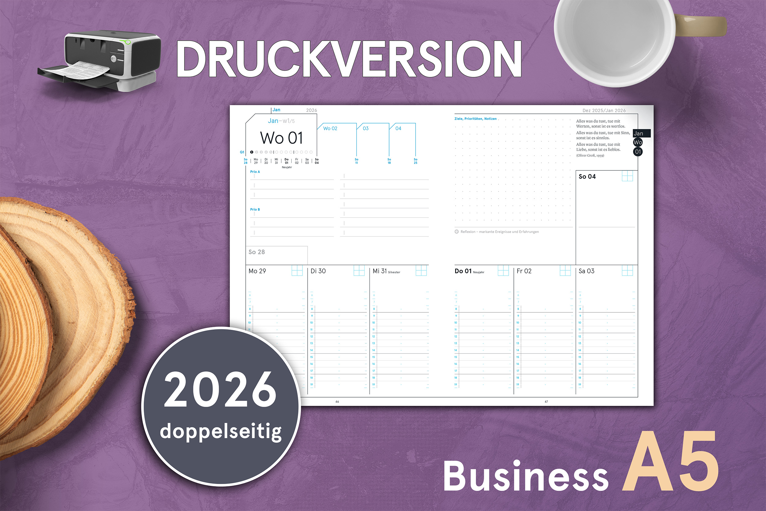 Druckversion doppelseitig - Business-Einlagen A5 2026, inkl. Planungstools und Notizteil