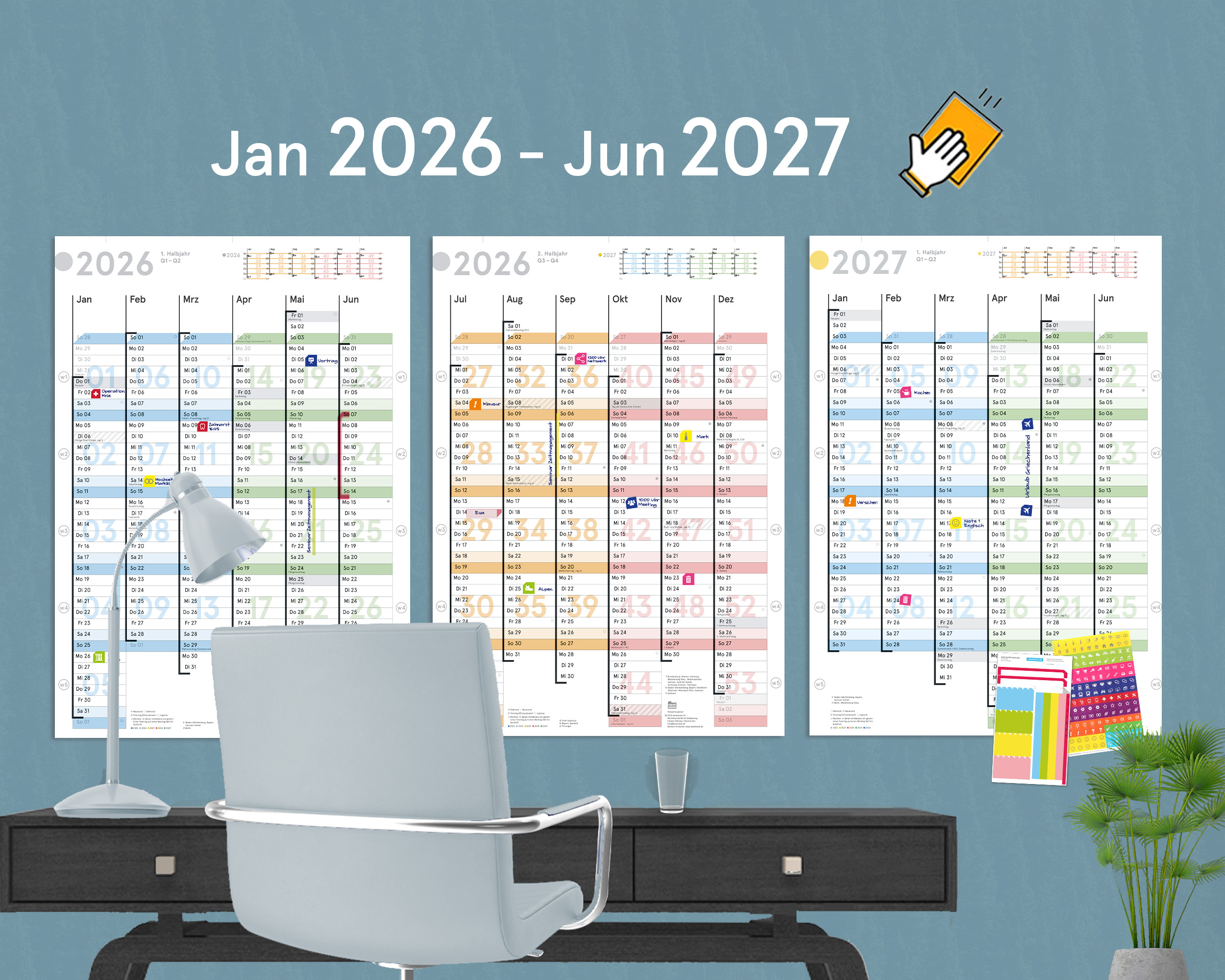 18-month wall planner Jan 2026 – Jun 2027 (3xA2h)