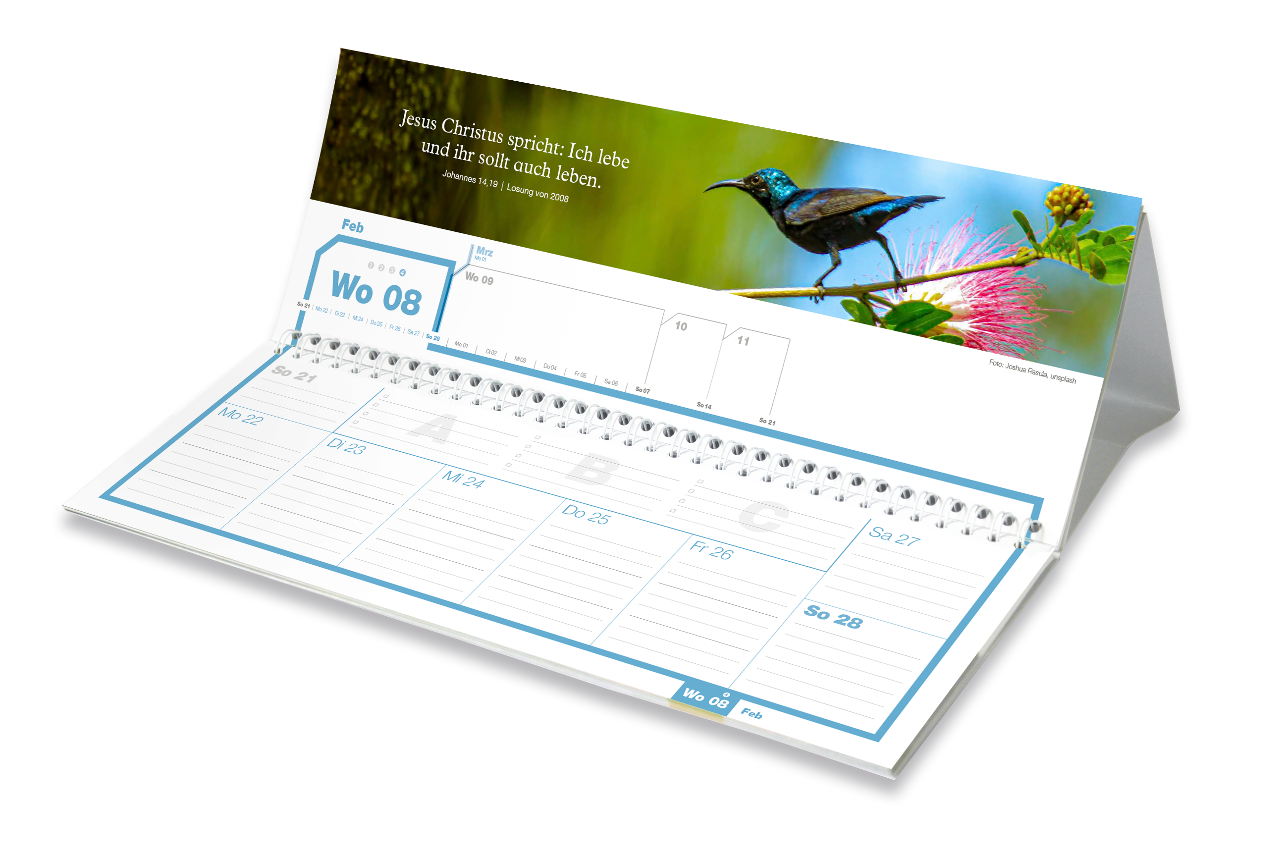 weekview Panorama Tischkalender 2027 aufgestellt, Woche 8 mit Panoramafoto, Bibelvers und Prioritäten A/B/C