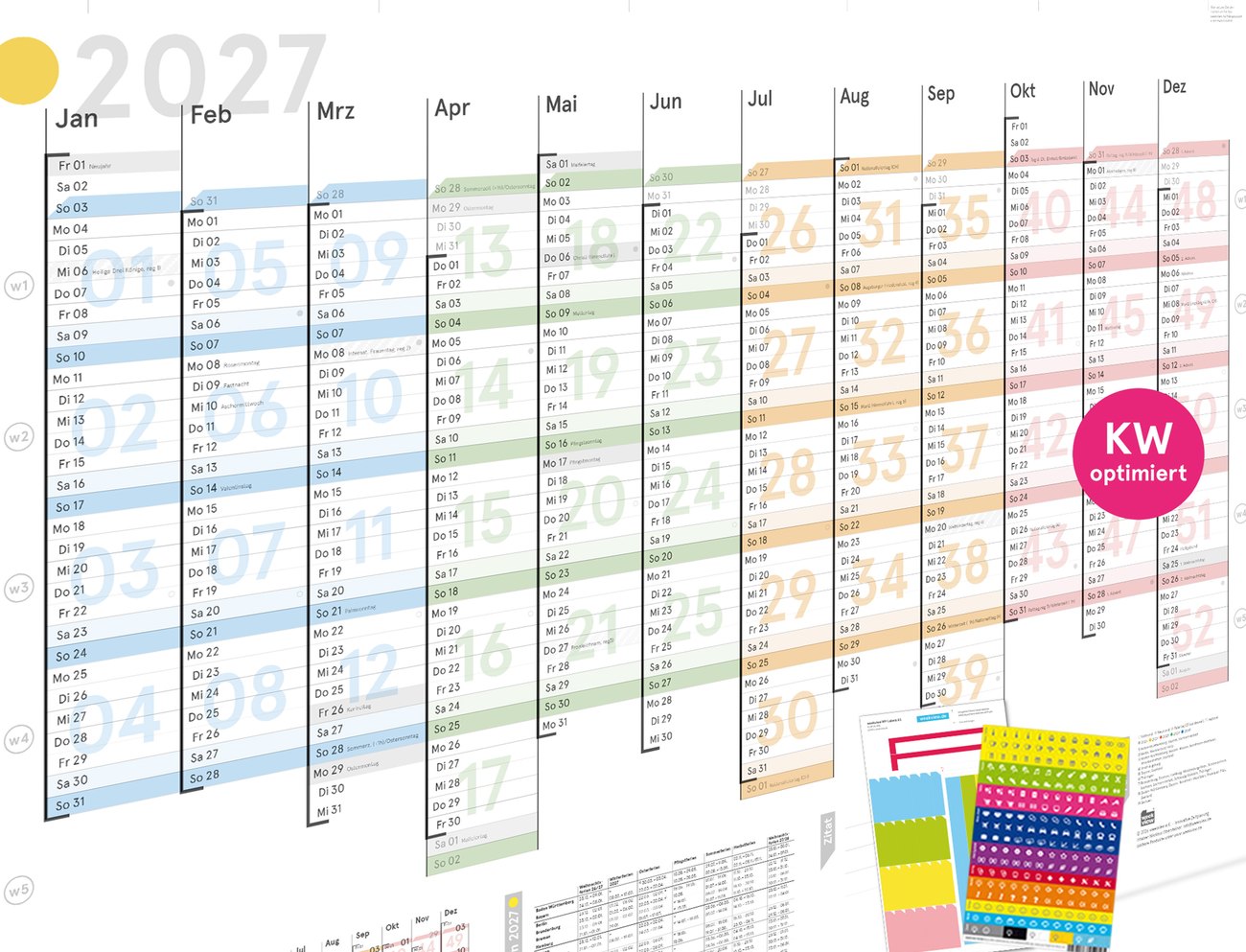 weekview Wandplaner Colour 2027, DIN A1, alle zwölf Monate nebeneinander
