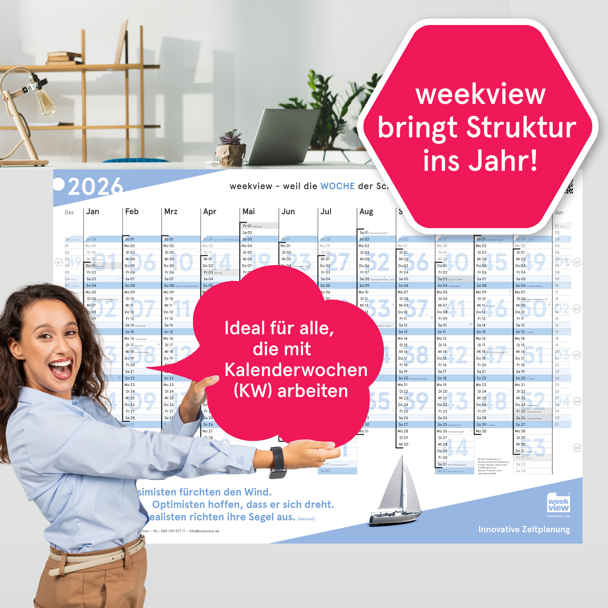 Wandplaner Blau 2026 - Segelschiff Motiv - Wandkalender KW-optimiert, DIN A1, gefaltet