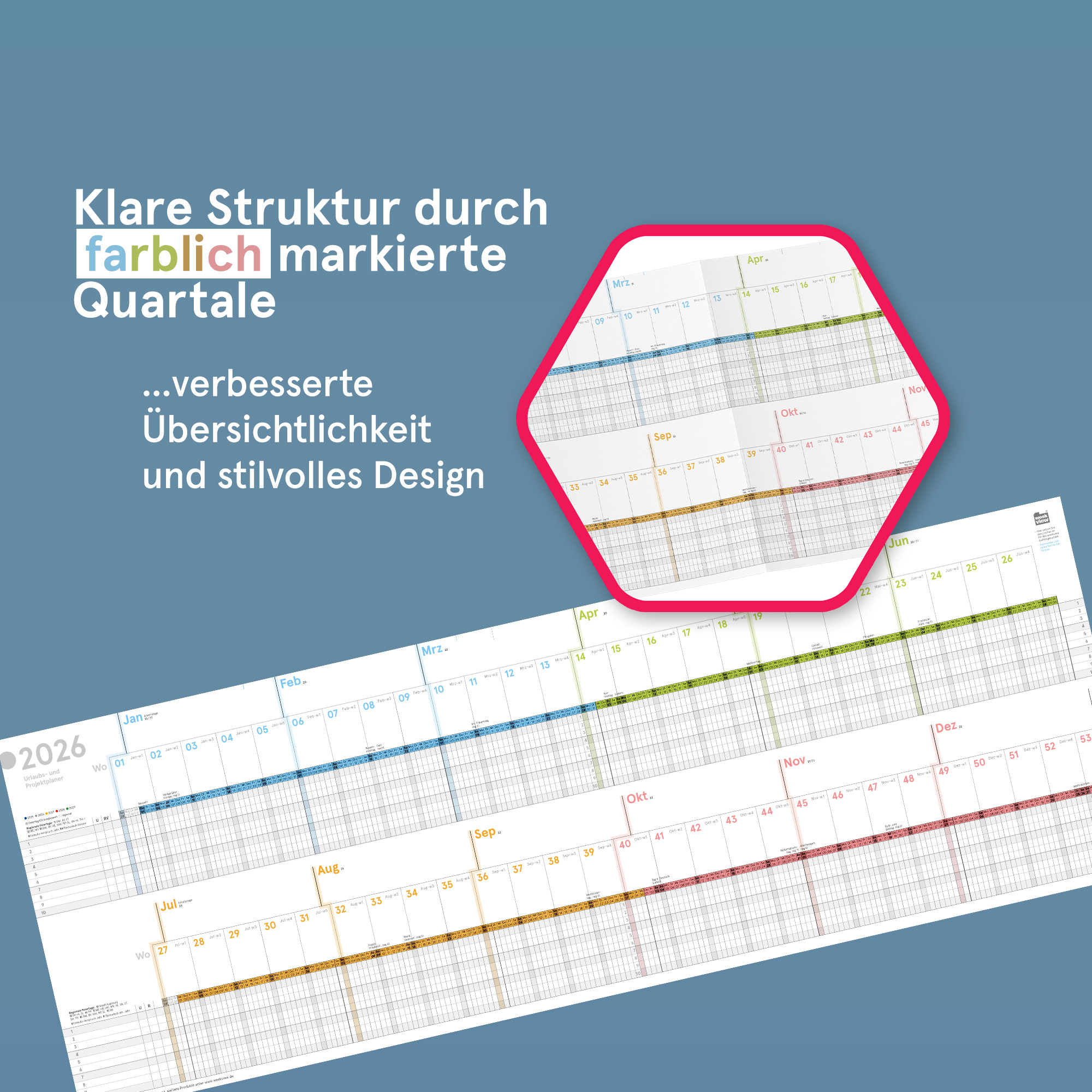 Urlaubs- und Projektplaner A4 abwischbar 2026 gerollt, 82,5x29,5 cm, Personal- und Dienstplaner