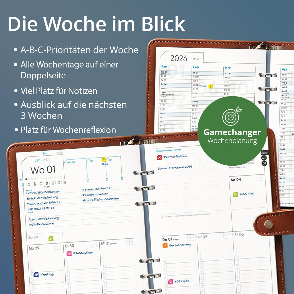 Business-Einlagen A5 2026 – Planungssystem mit Wochen- & Quartalsplanung | Filofax-A5-Lochung