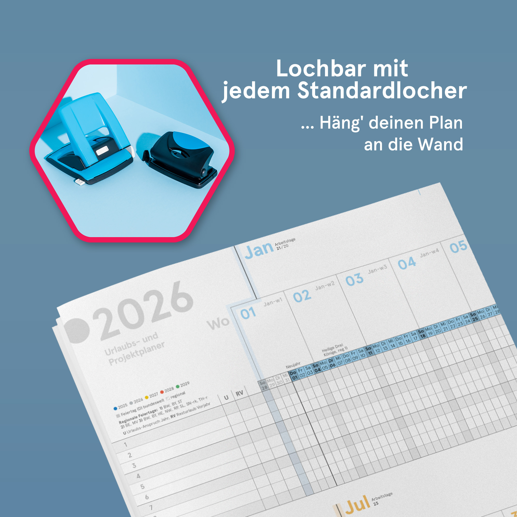 Urlaubs- und Projektplaner A4 farbig 2026 gefaltet, 82,5x29,5 cm, großer Personal- und Dienstplaner
