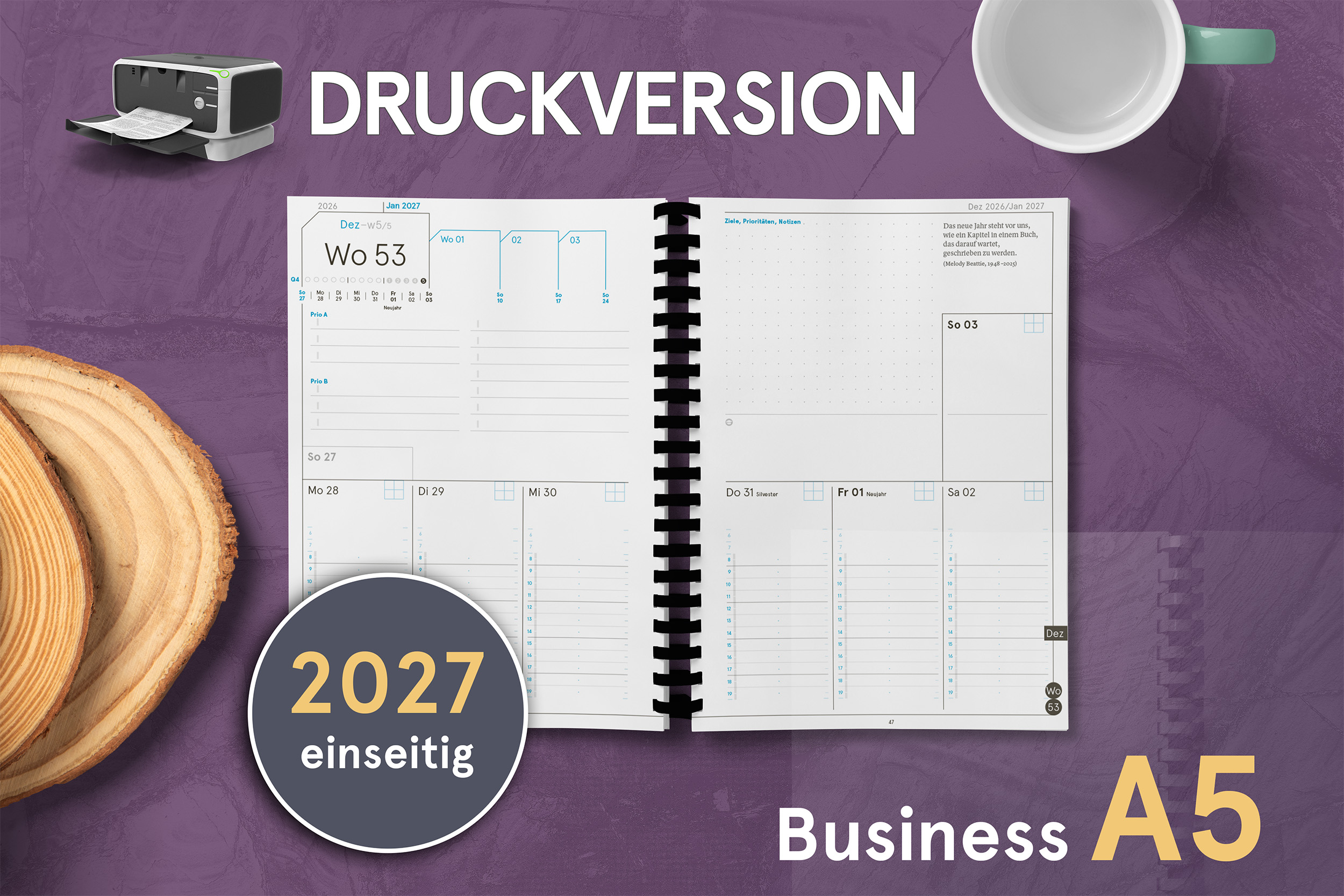 Druckversion einseitig - Business-Einlagen A5 2027, inkl. Planungstools und Notizteil