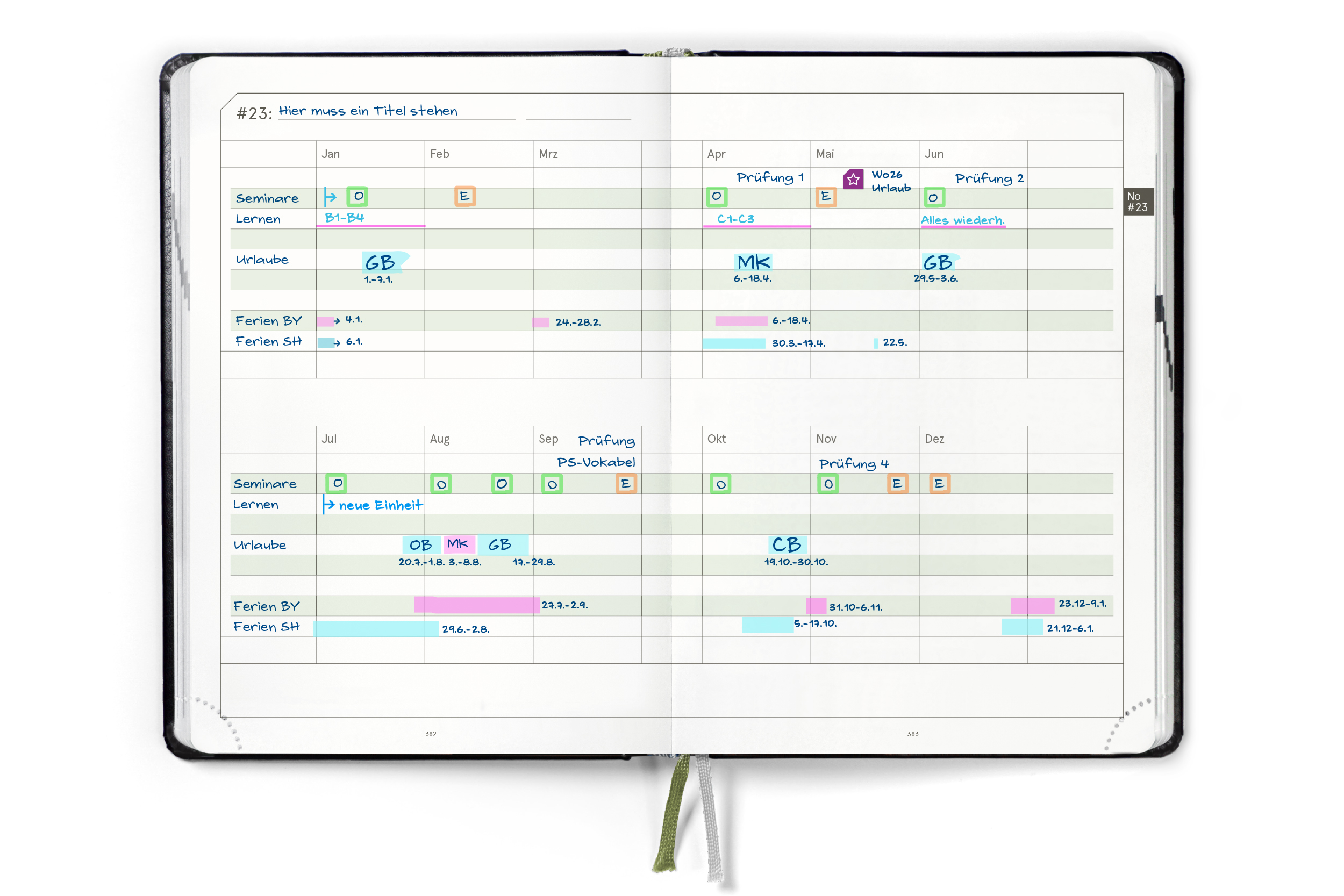 weekview LifeCoach 2027 Innenansicht: Jahresplan mit Ferien und Terminen (Beispiel)