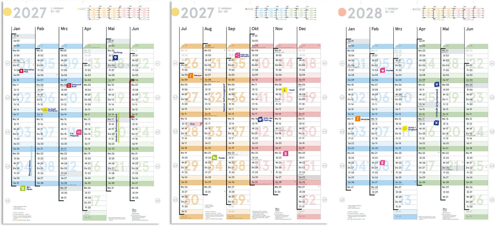weekview 18-Monats-Wandplaner – drei A2h-Halbjahresblätter: 1. Halbjahr 2027, 2. Halbjahr 2027 und 1. Halbjahr 2028
