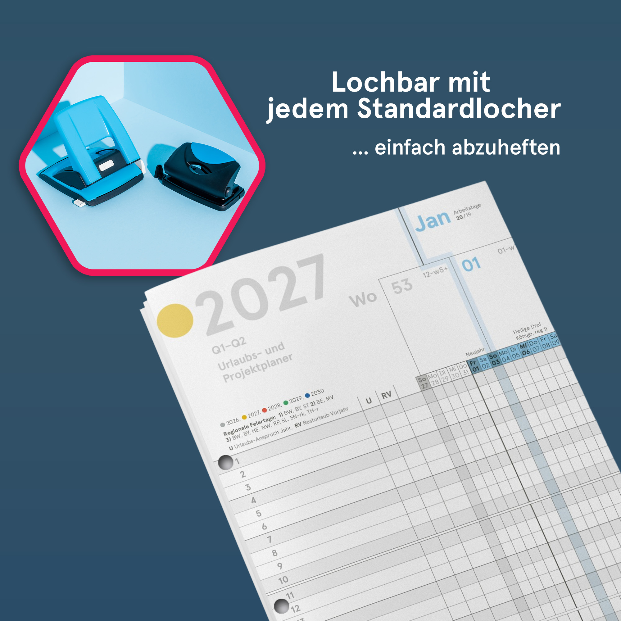 A5-Leporello 2027 mit Standardlocher abgeheftet
