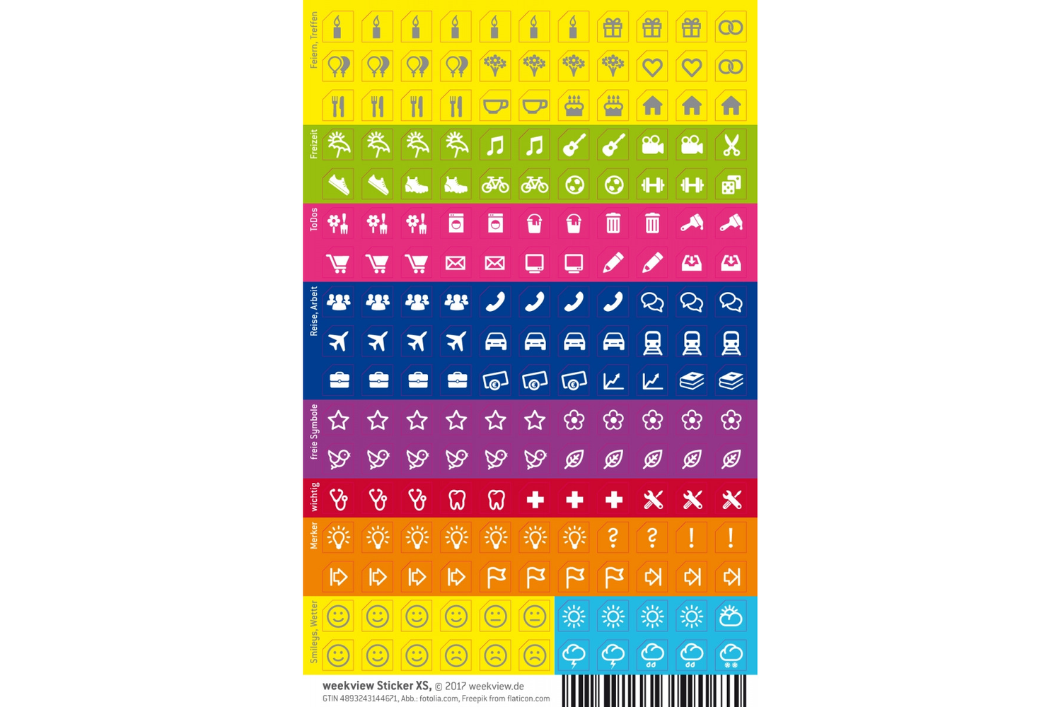 weekview Stickerbogen XS mit acht farbigen Symbolreihen