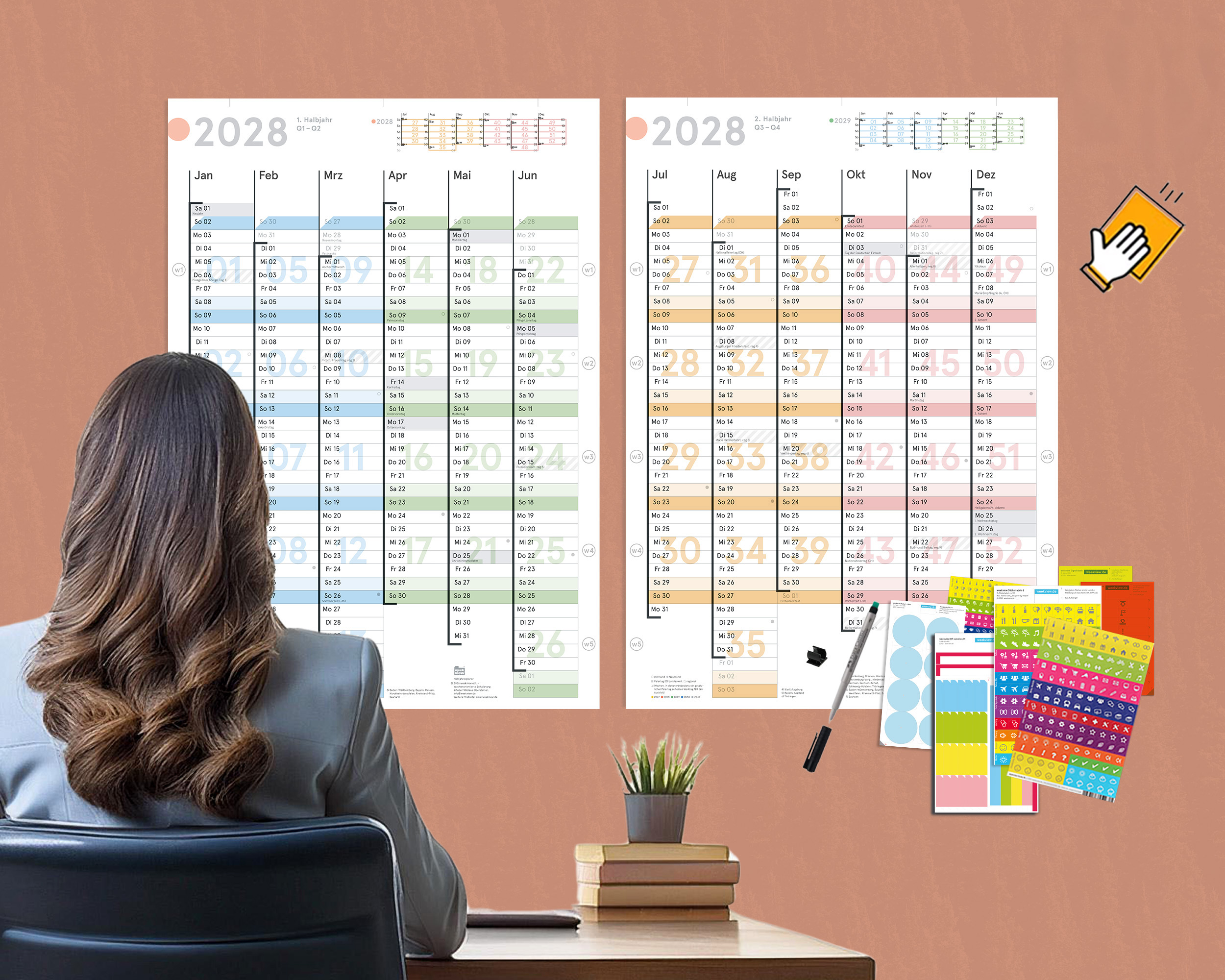 Wall calendar 2028, DIN A1 (2x A2h half-year planner)