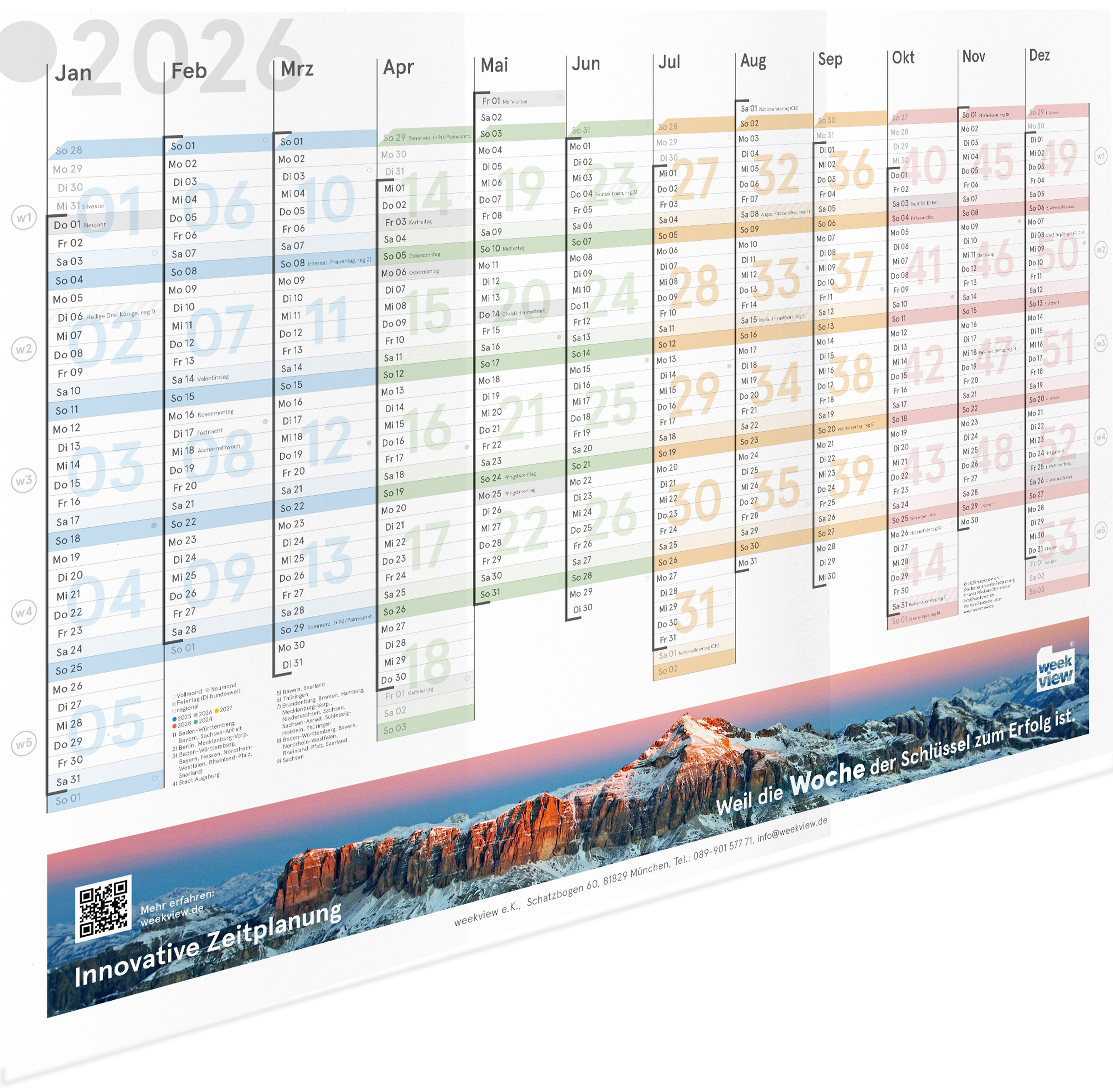 Wandplaner Colour A2 2026 - Bergmotiv - auf A5 gefaltet - Wandkalender KW-optimiert