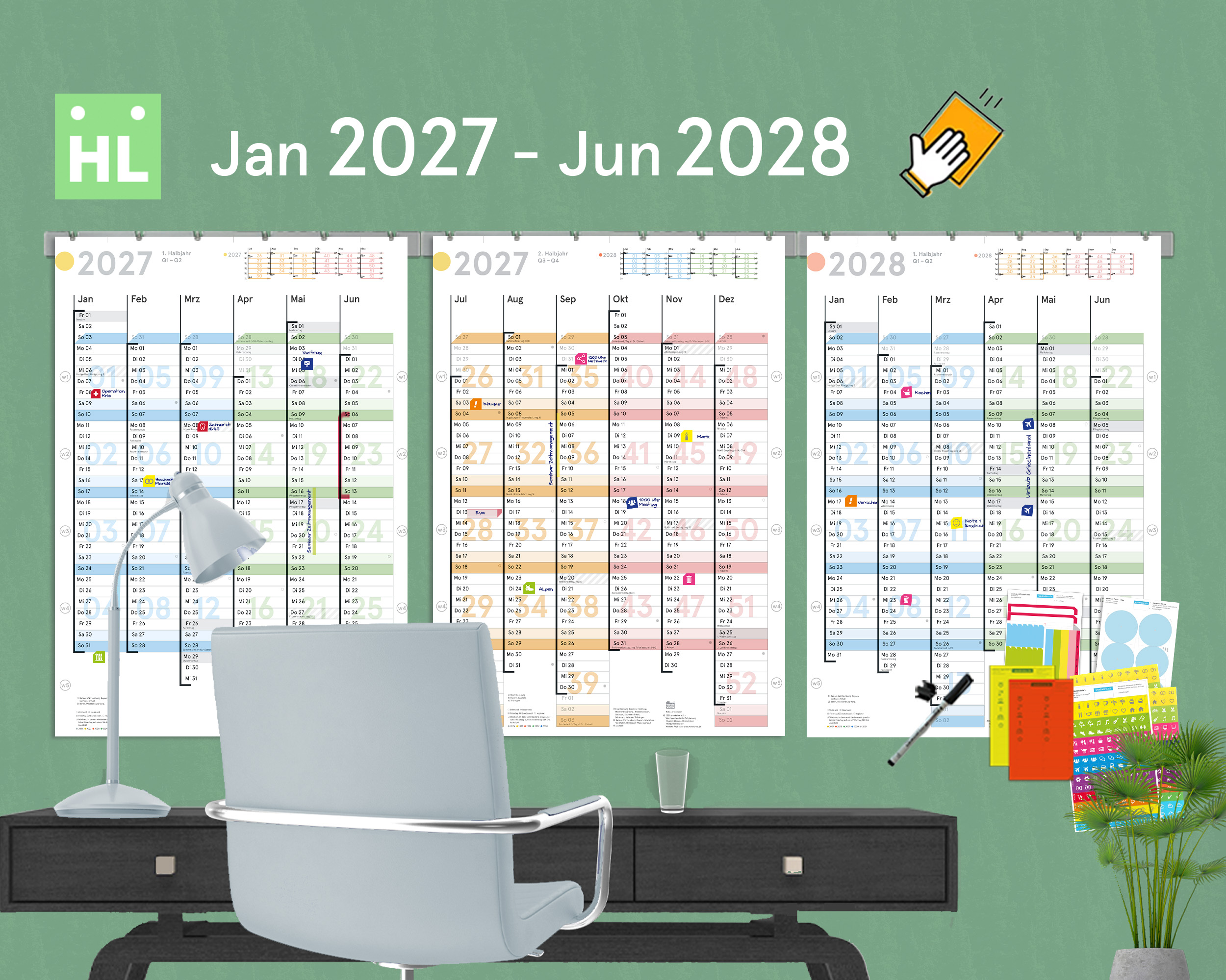 18-Monats-Wandplaner PREMIUM (HL) (3xA2h Halbjahr, Jan 2027 – Jun 2028), abwischbar