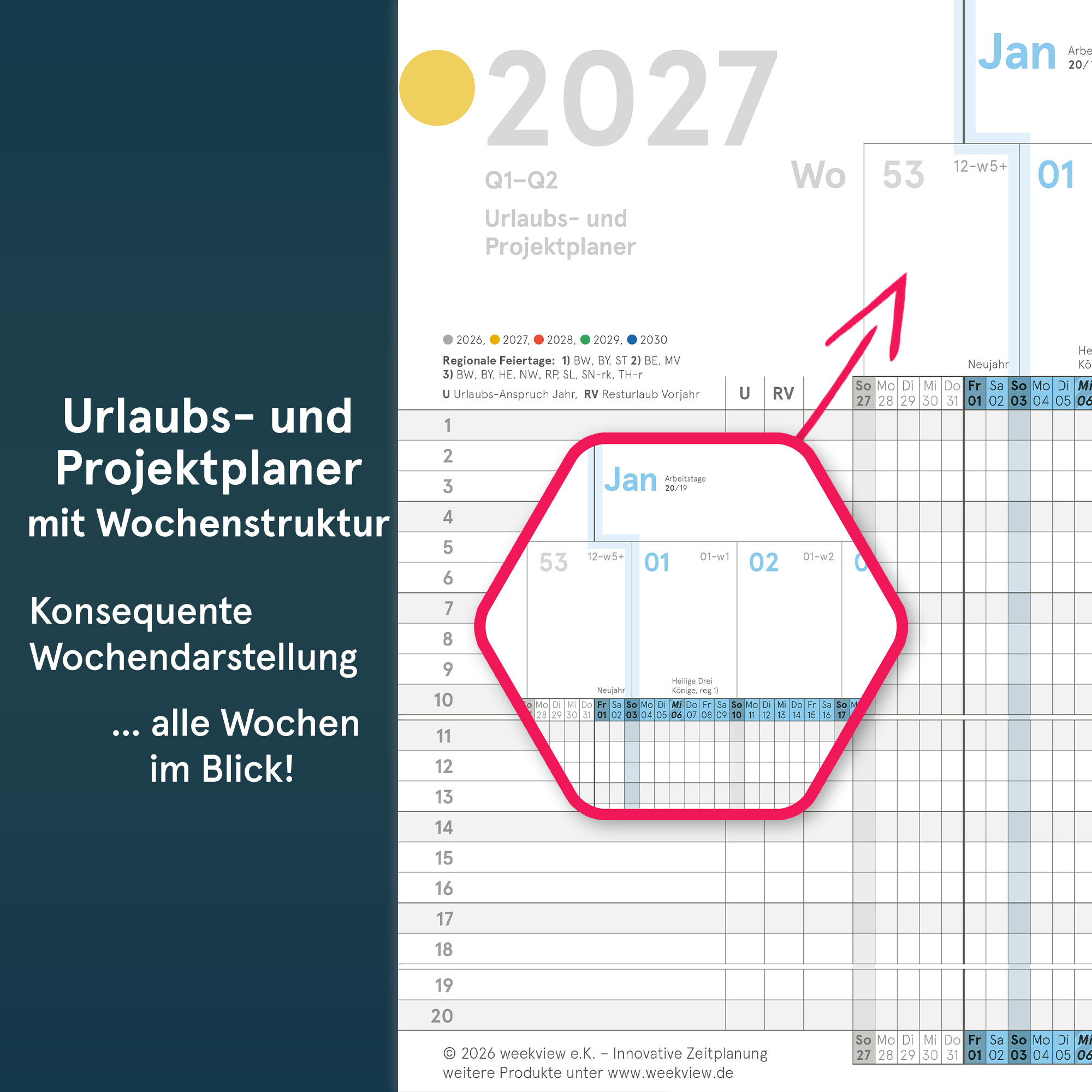 Urlaubs- und Projektplaner A5-Leporello farbig 2027 gefaltet, 84x20 cm, Personal- und Dienstplaner
