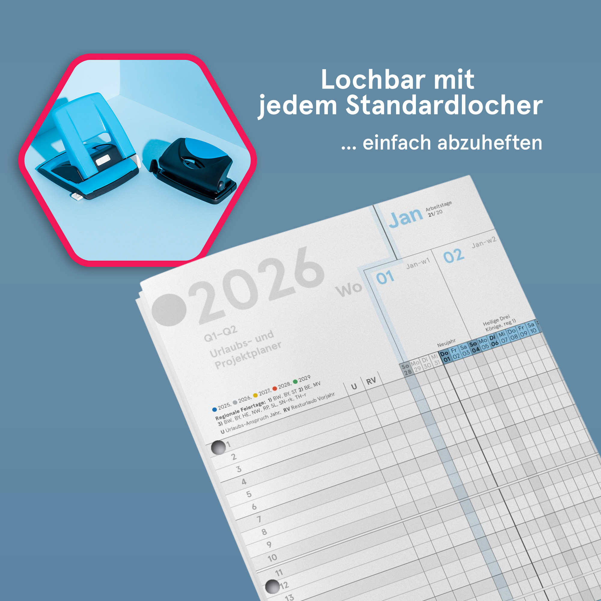 Urlaubs- und Projektplaner A5-Leporello farbig 2026 gefaltet, 84x20 cm, Personal- und Dienstplaner