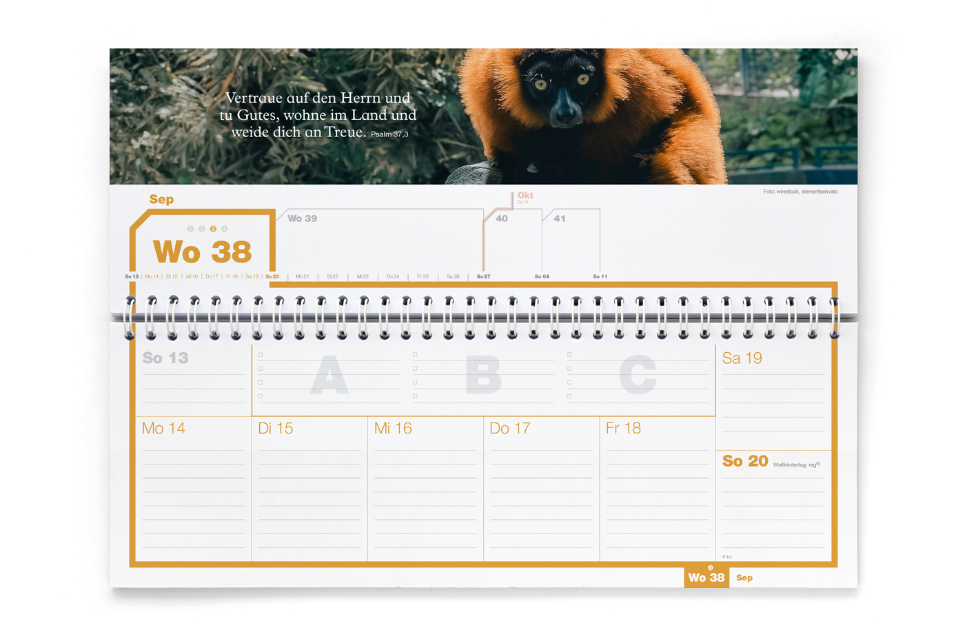 Aufgestellter weekview Panorama Tischkalender mit Panoramafoto, Wochenpriorit&auml;ten und Tageszeilen