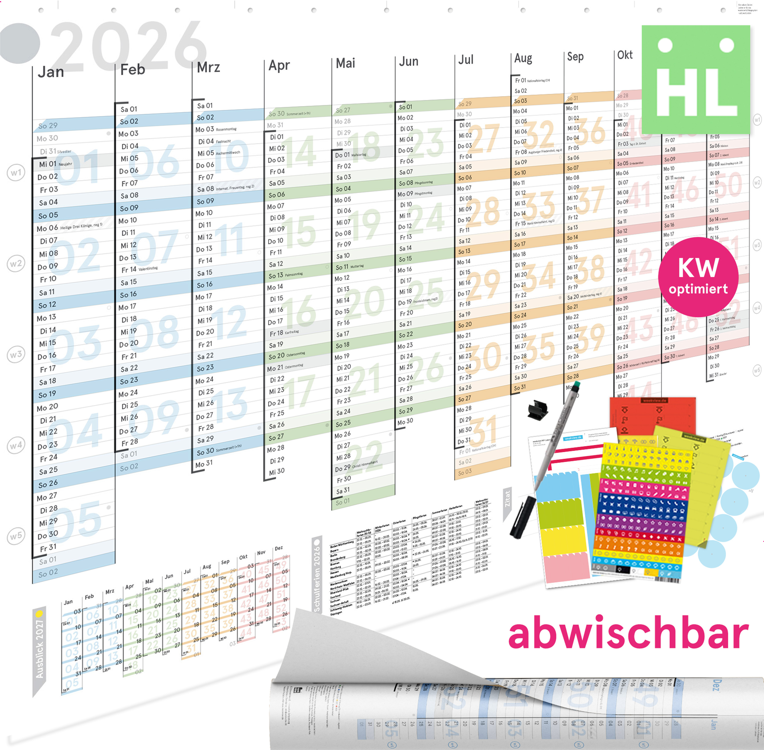 Wall planner Colour 2026 wipeable, DIN A1