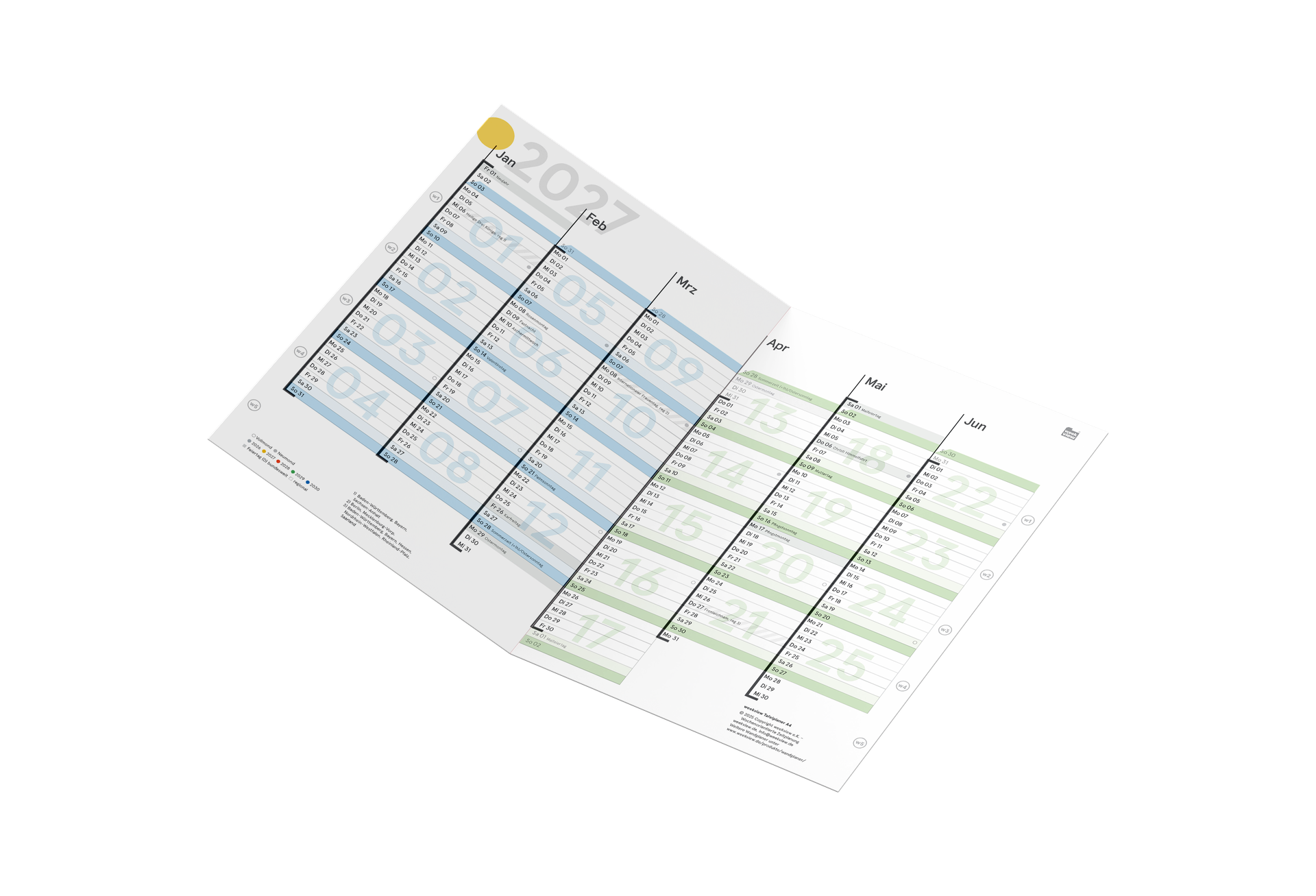 weekview Tafelkalender 2027 in DIN A4 mit sechs Monatsspalten je Seite