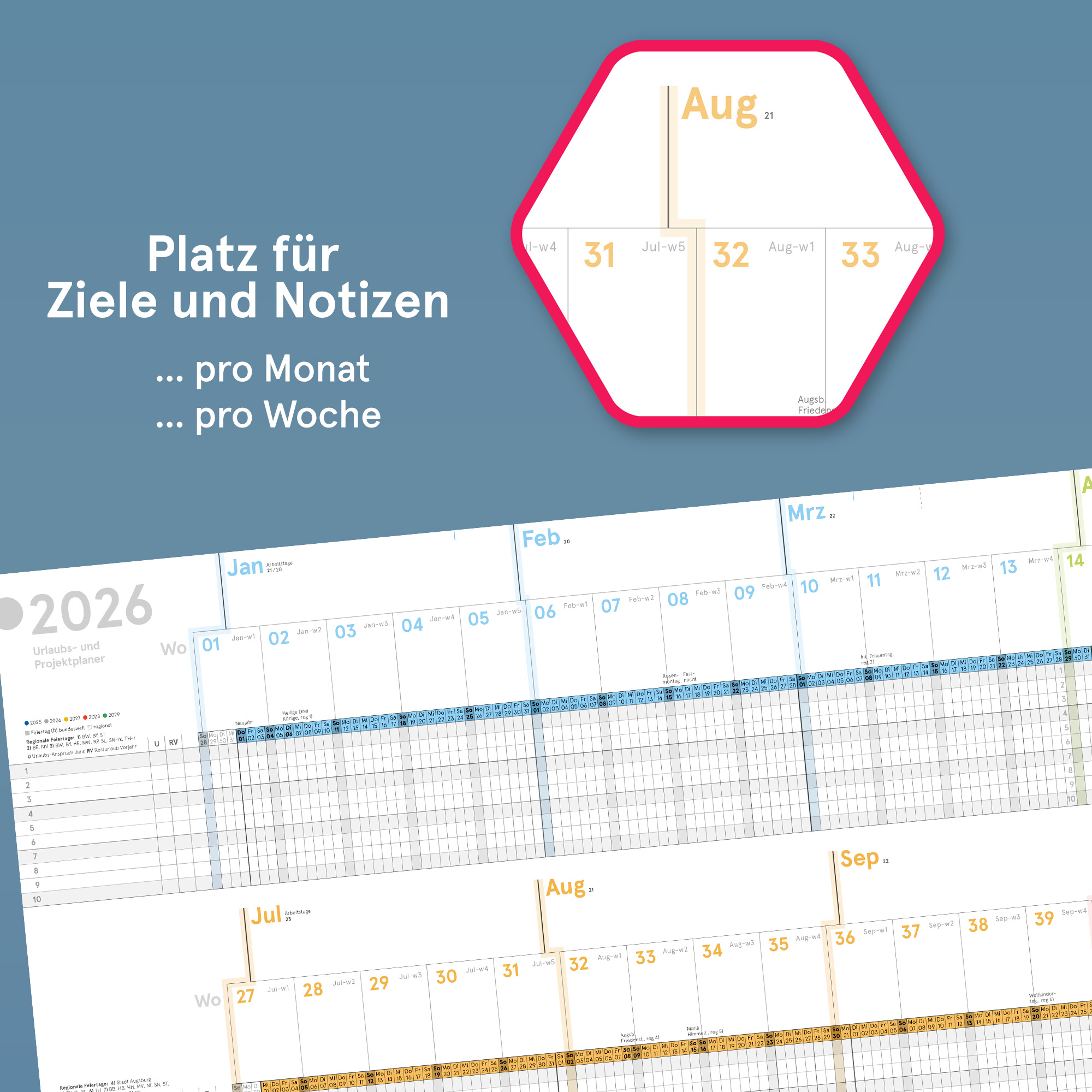 Urlaubs- und Projektplaner A4 abwischbar 2026 gerollt, 82,5x29,5 cm, Personal- und Dienstplaner