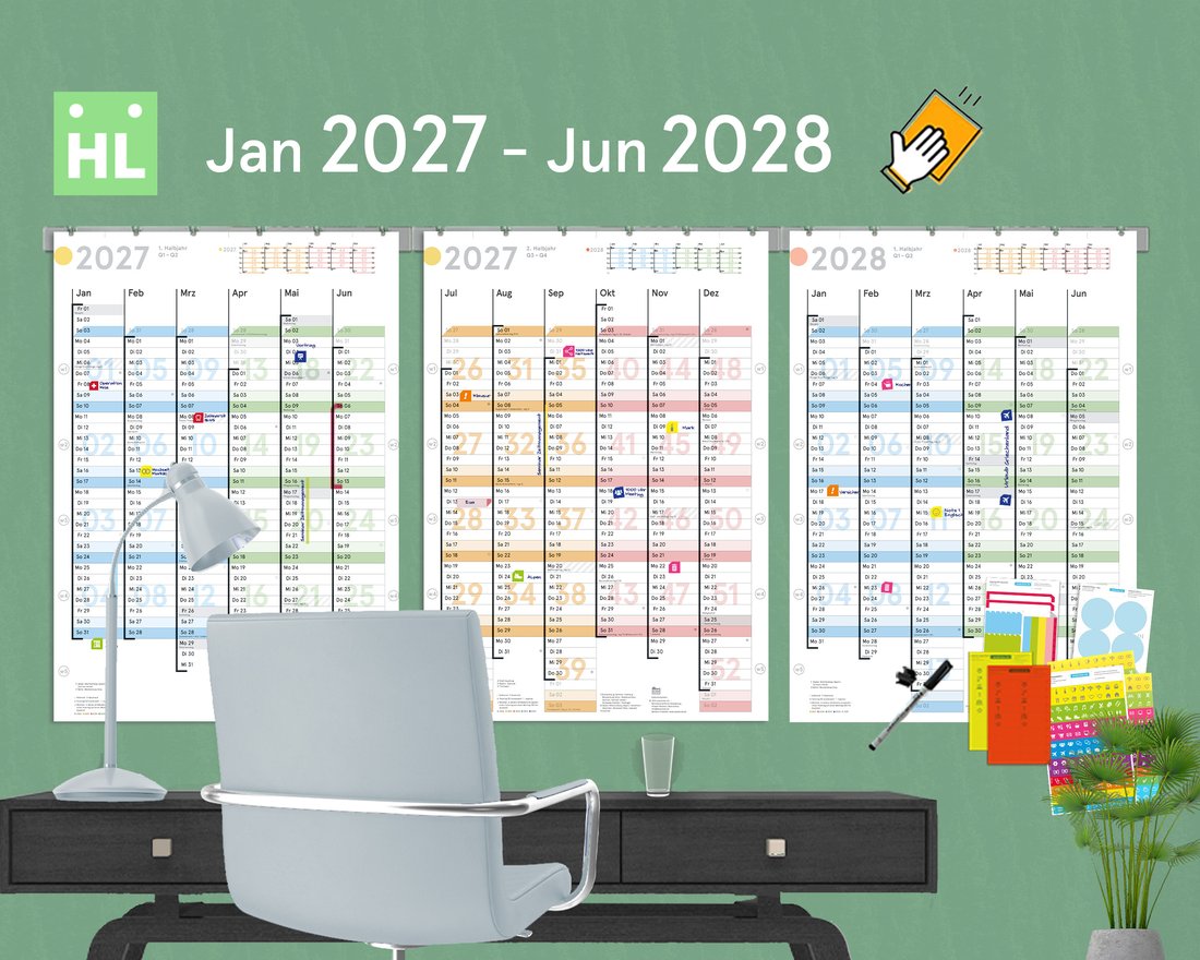 weekview 18-Monats-Wandplaner PREMIUM Januar 2027 bis Juni 2028 mit Metall-Hängeleisten