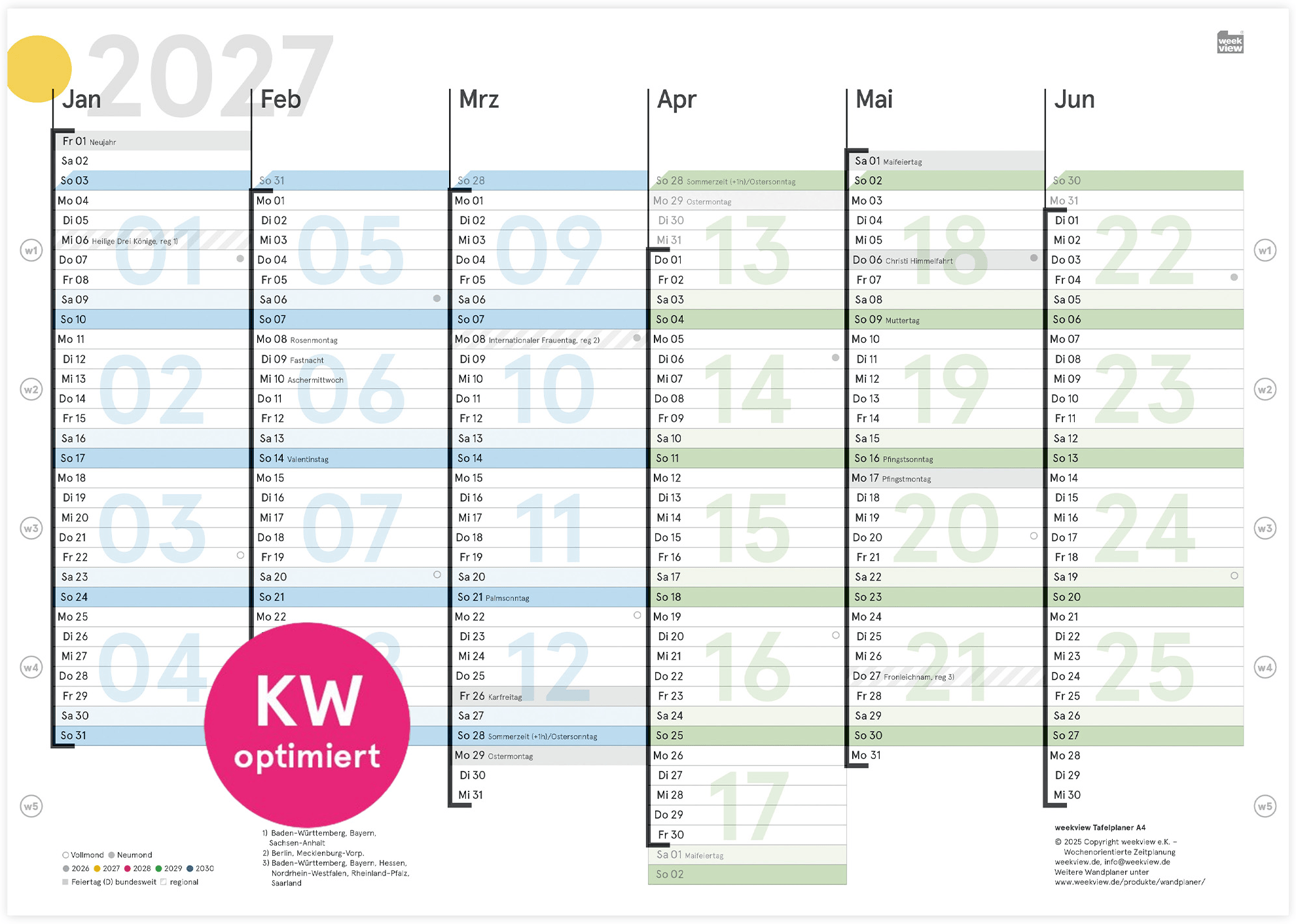 weekview Tafelkalender 2027 in DIN A5, Vorderseite mit Januar bis Juni, Kalenderwochen und Jahresfarben