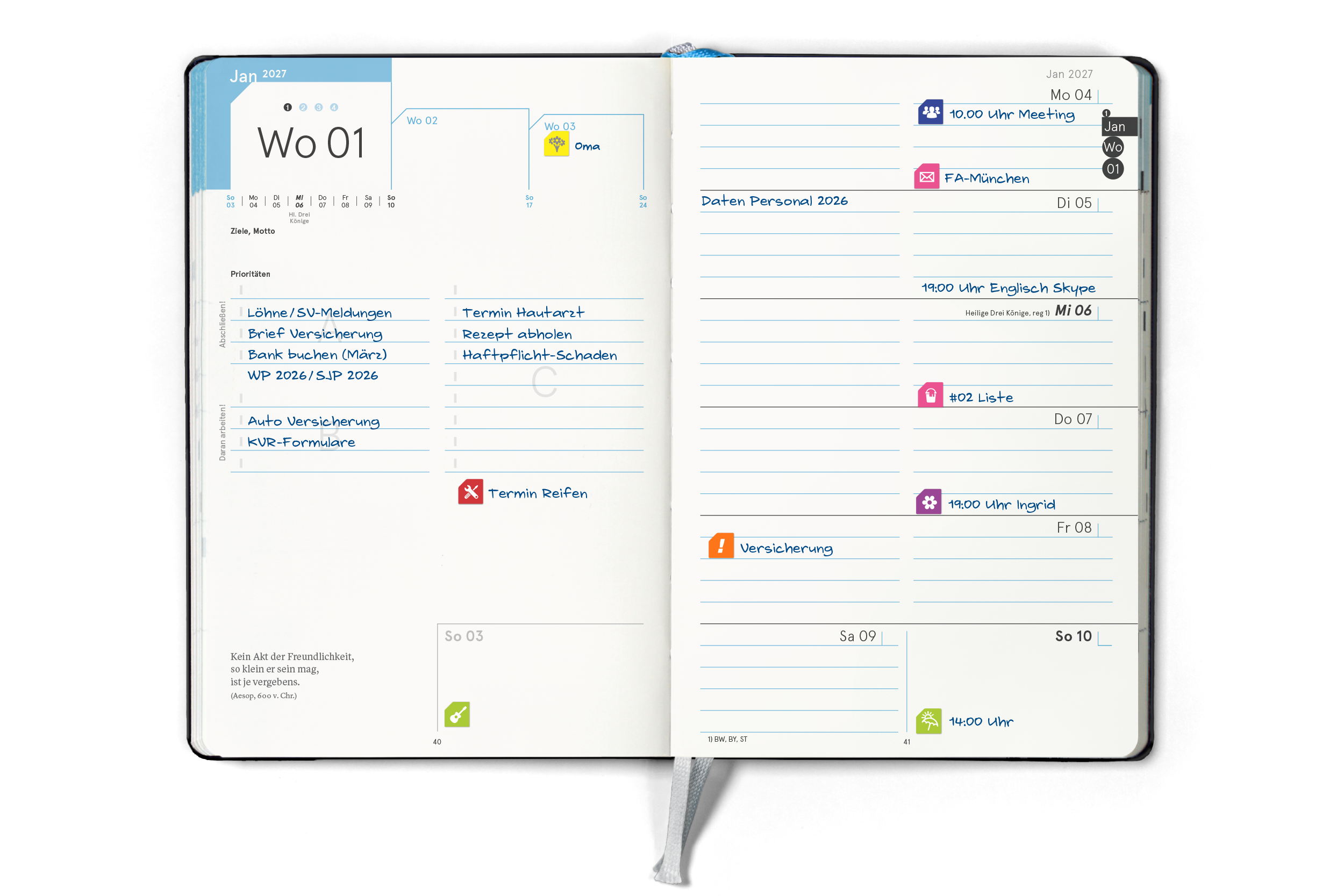 weekview compact note A6+ aufgeschlagen — beschriebene Wochen-Doppelseite