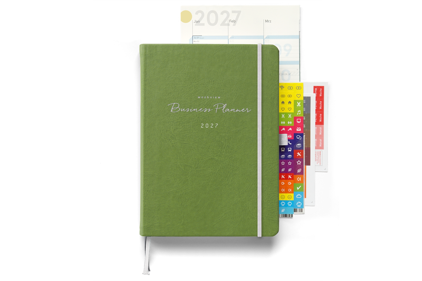weekview Business Planner A5+ — grüner Erfolgsplaner mit Wandkalender und Stickern