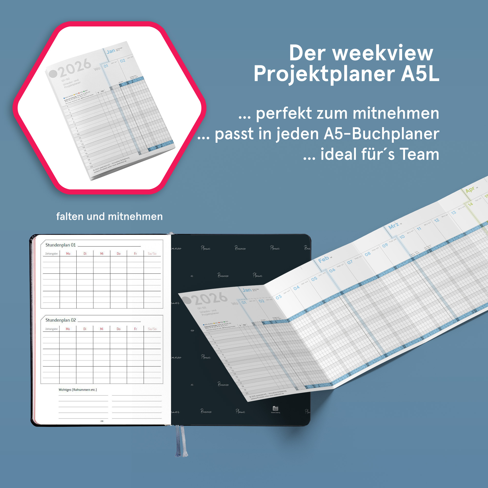 Urlaubs- und Projektplaner A5-Leporello farbig 2026 gefaltet, 84x20 cm, Personal- und Dienstplaner
