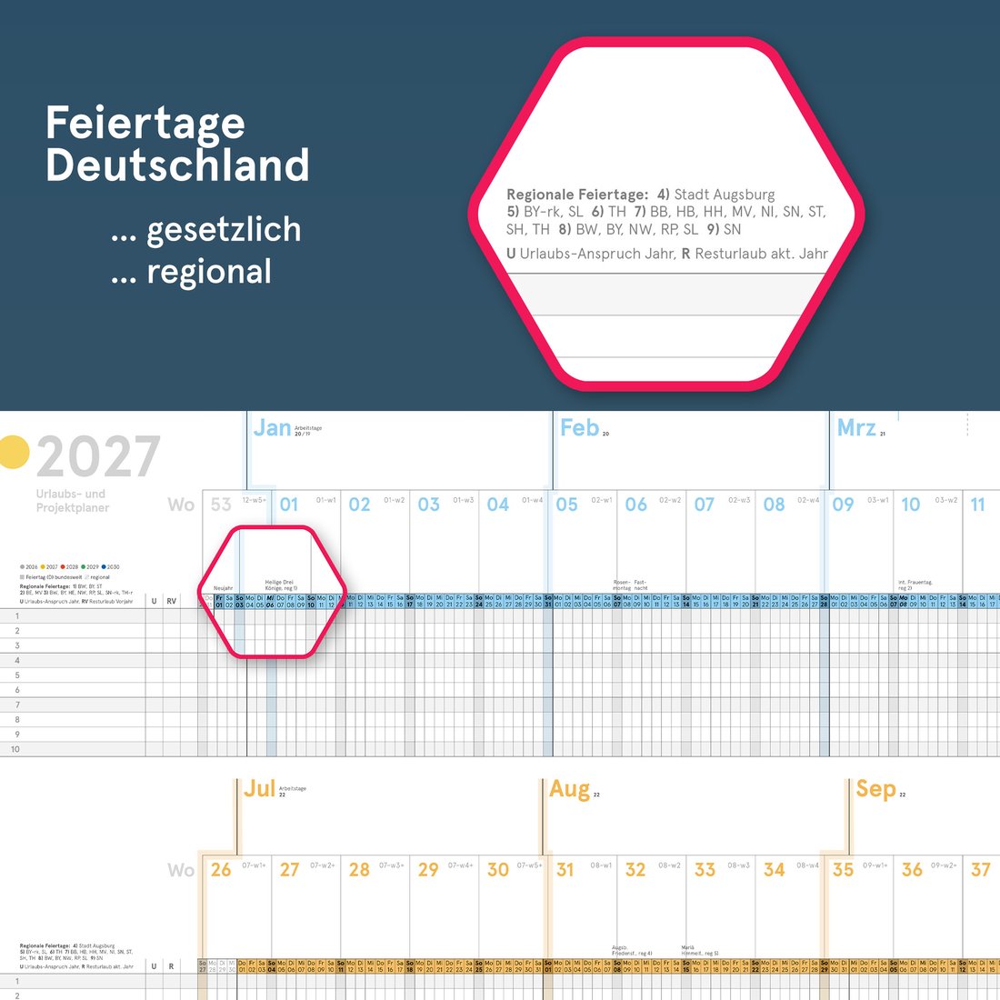 Feiertage mit Legende im Urlaubs- und Projektplaner 2027