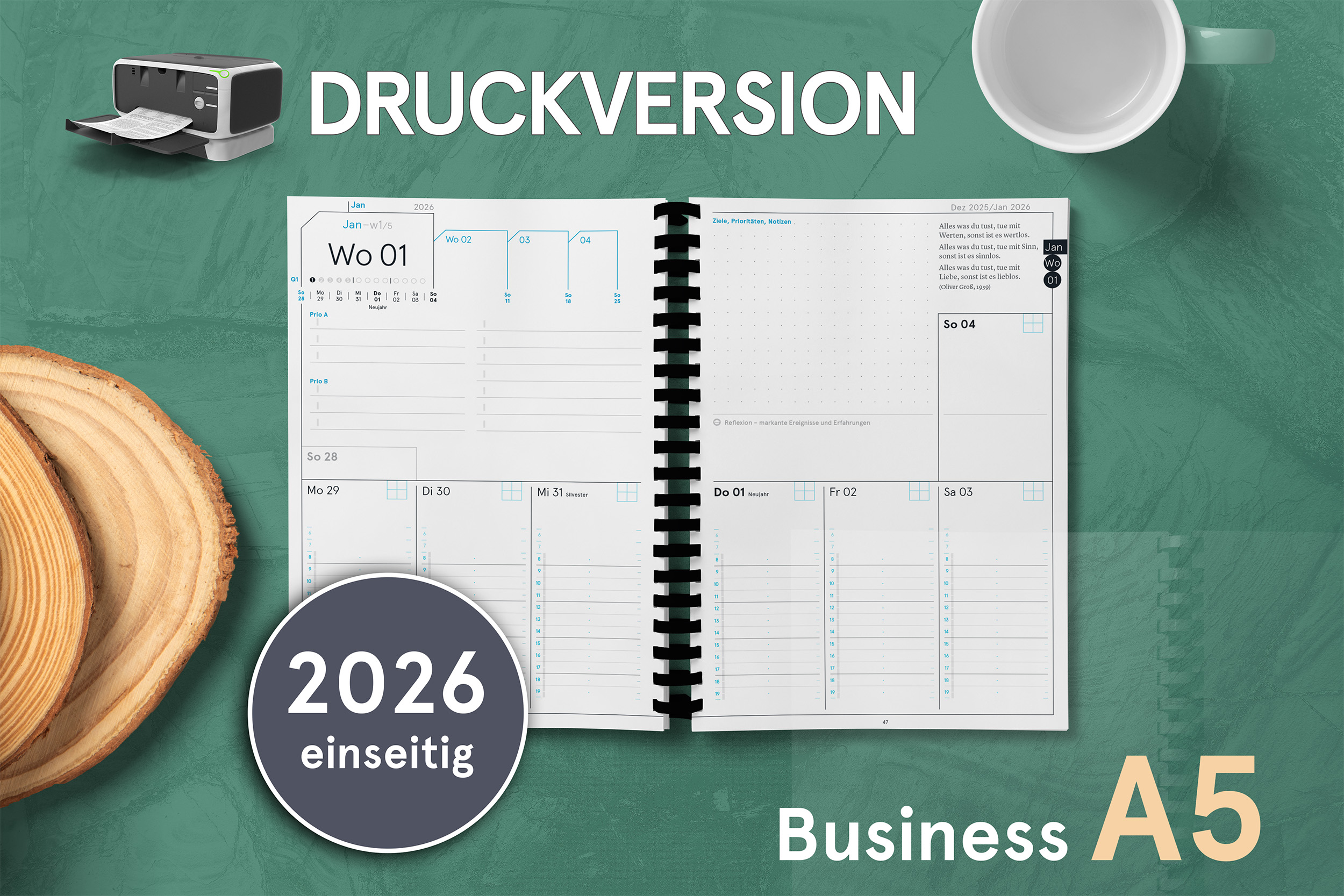 Druckversion einseitig - Business-Einlagen A5 2026, inkl. Planungstools und Notizteil
