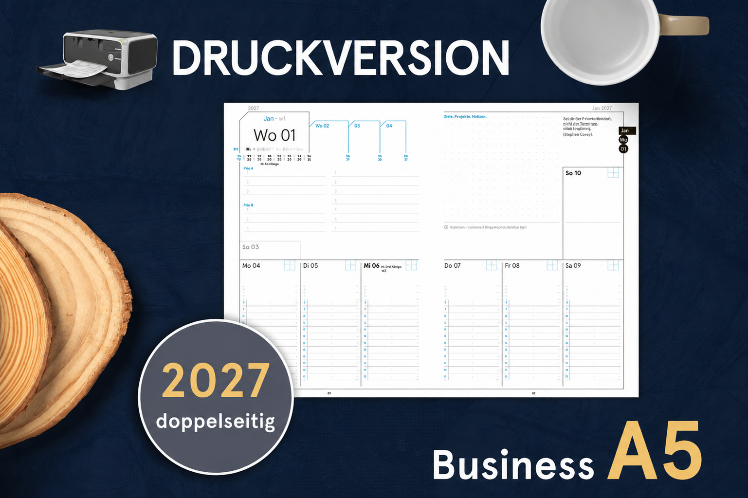 Druckversion doppelseitig - Business-Einlagen A5 2027, inkl. Planungstools und Notizteil