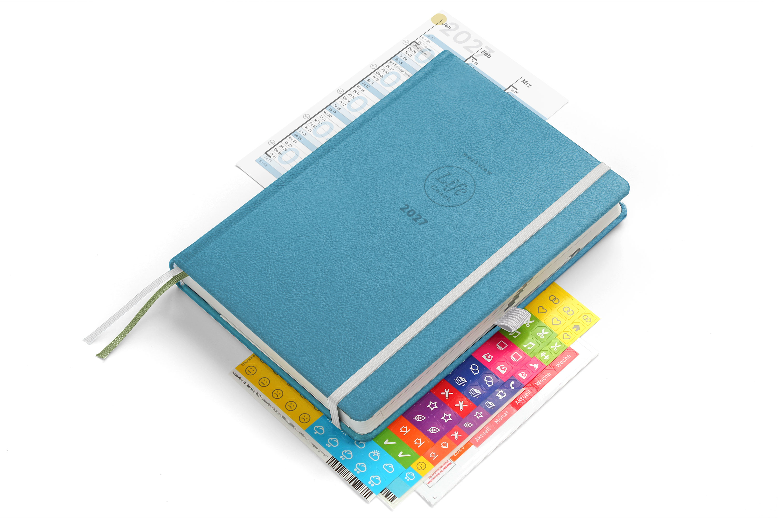 weekview LifeCoach 2027 A5 Sky Blue Plus – Cover mit Lieferumfang (perspektivisch)