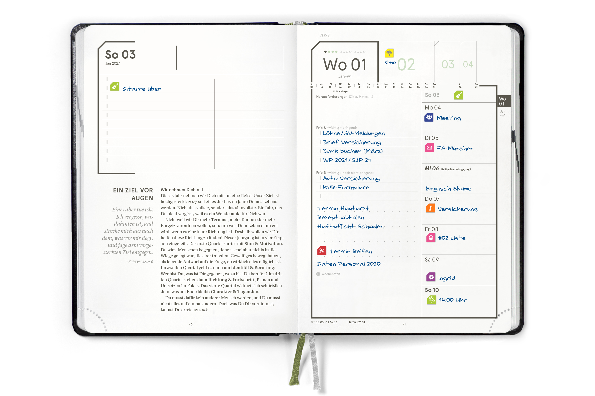 weekview LifeCoach 2027 Innenansicht: Wochenstart mit Impuls und Wochen-Cockpit