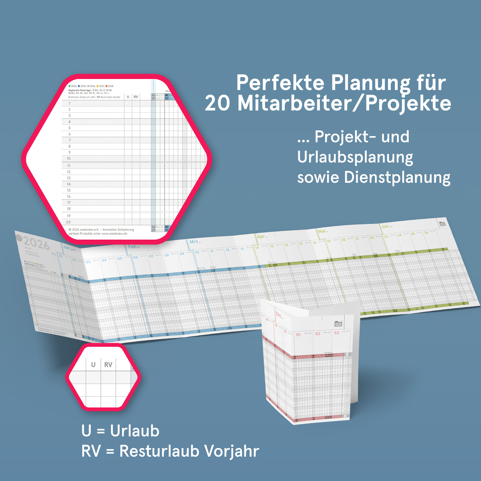 Urlaubs- und Projektplaner A5-Leporello farbig 2026 gefaltet, 84x20 cm, Personal- und Dienstplaner