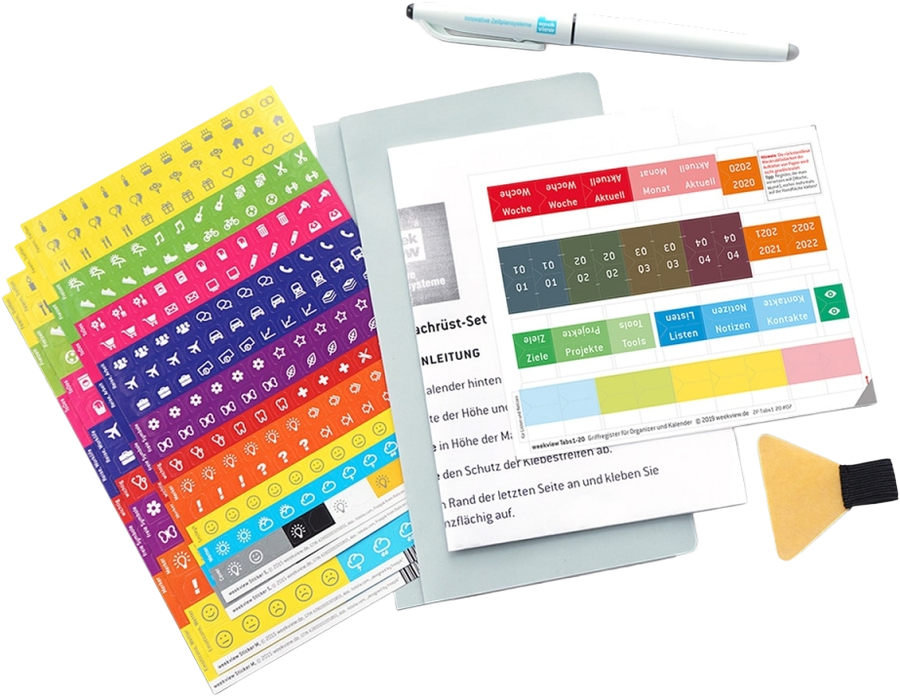 weekview compact Premium Nachrüst-Set: Froschtasche, Stiftschlaufe, Griffregister, Sticker S und M sowie FriXion-Stift