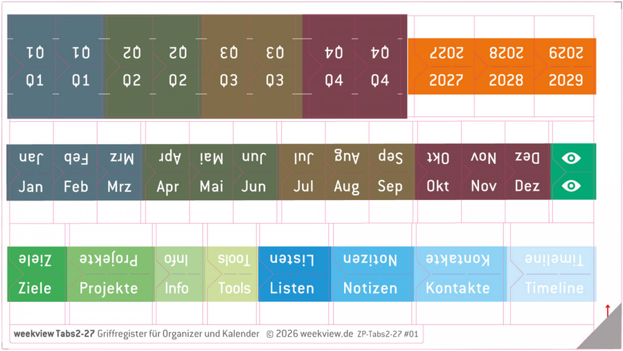 weekview Tabs 2 &ndash; 2027, Griffregisterbogen mit Quartalen, Jahren, Monaten und Bereichen