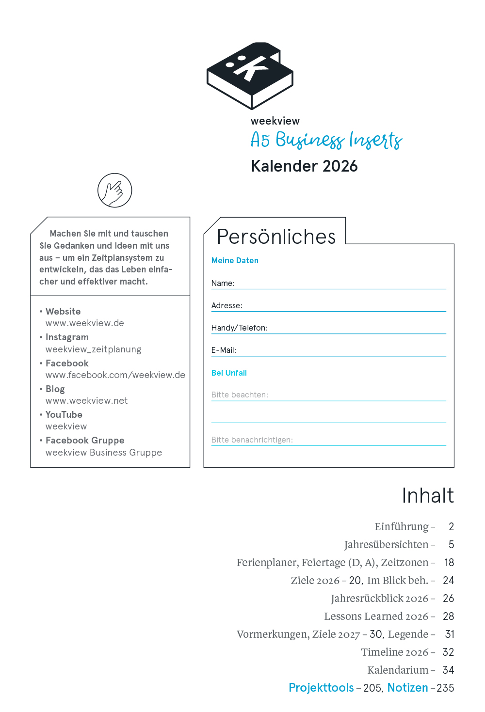 Druckversion einseitig - Business-Einlagen A5 2026, inkl. Planungstools und Notizteil