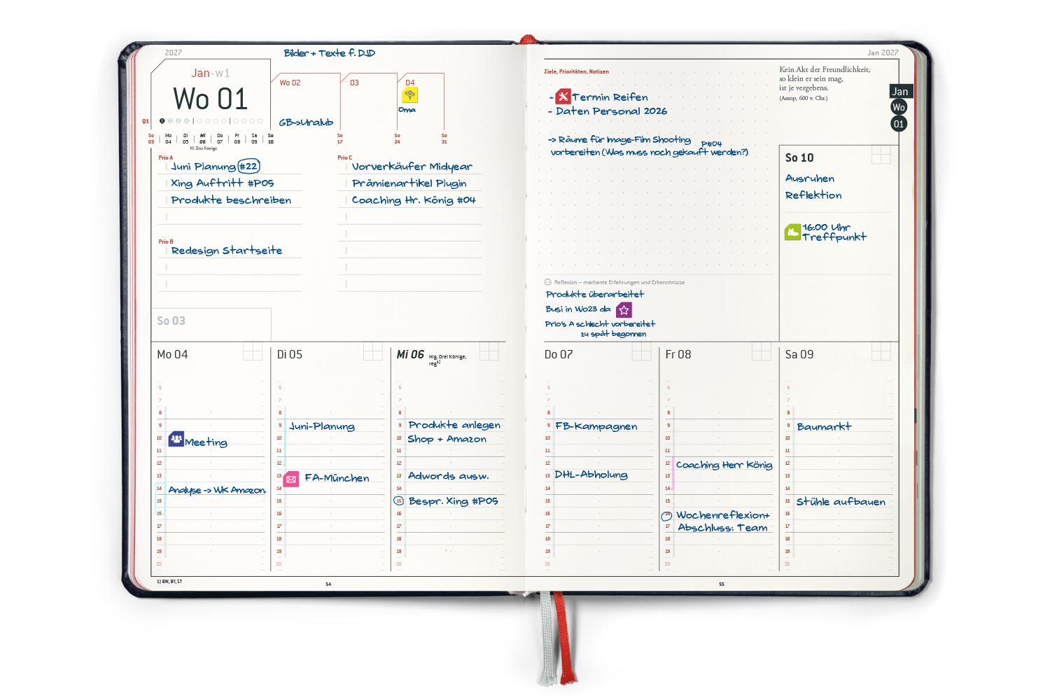 weekview Business Planner 2027 aufgeschlagen — beschriebene Wochen-Doppelseite mit Prioritäten, Stundenraster und Reflexion