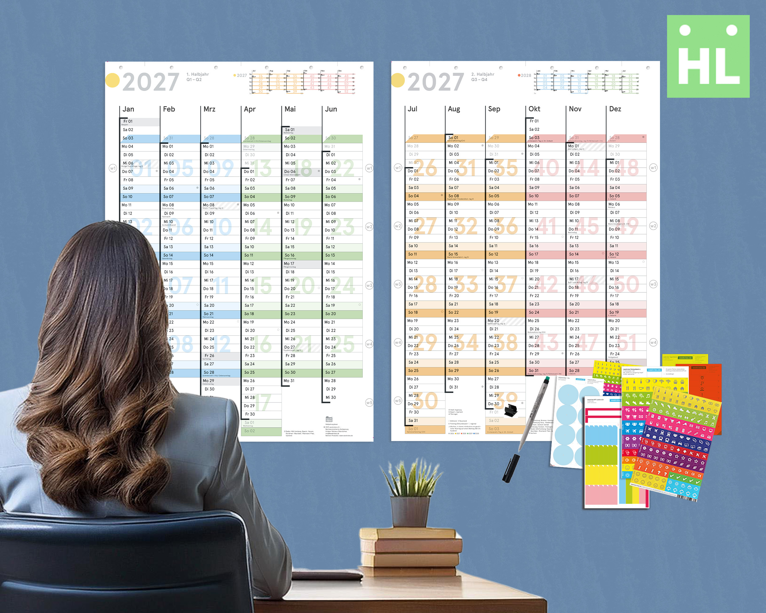 Wall calendar 2027, DIN A1 (2x A2h half-year planner)
