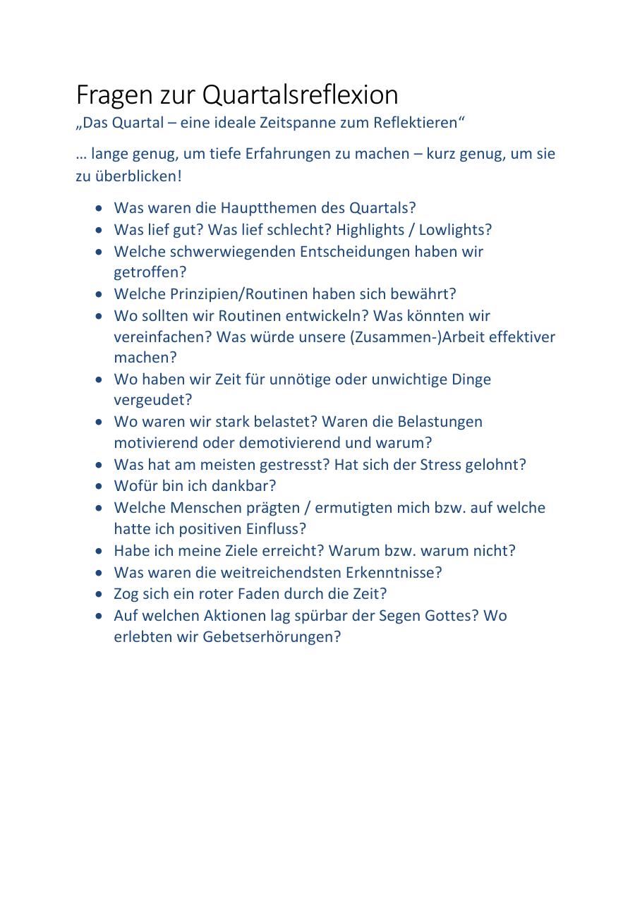 Vorschau: Fragen zur Quartalsreflexion