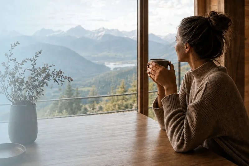 Frau mit Tasse am Fenster mit Blick auf die Berge