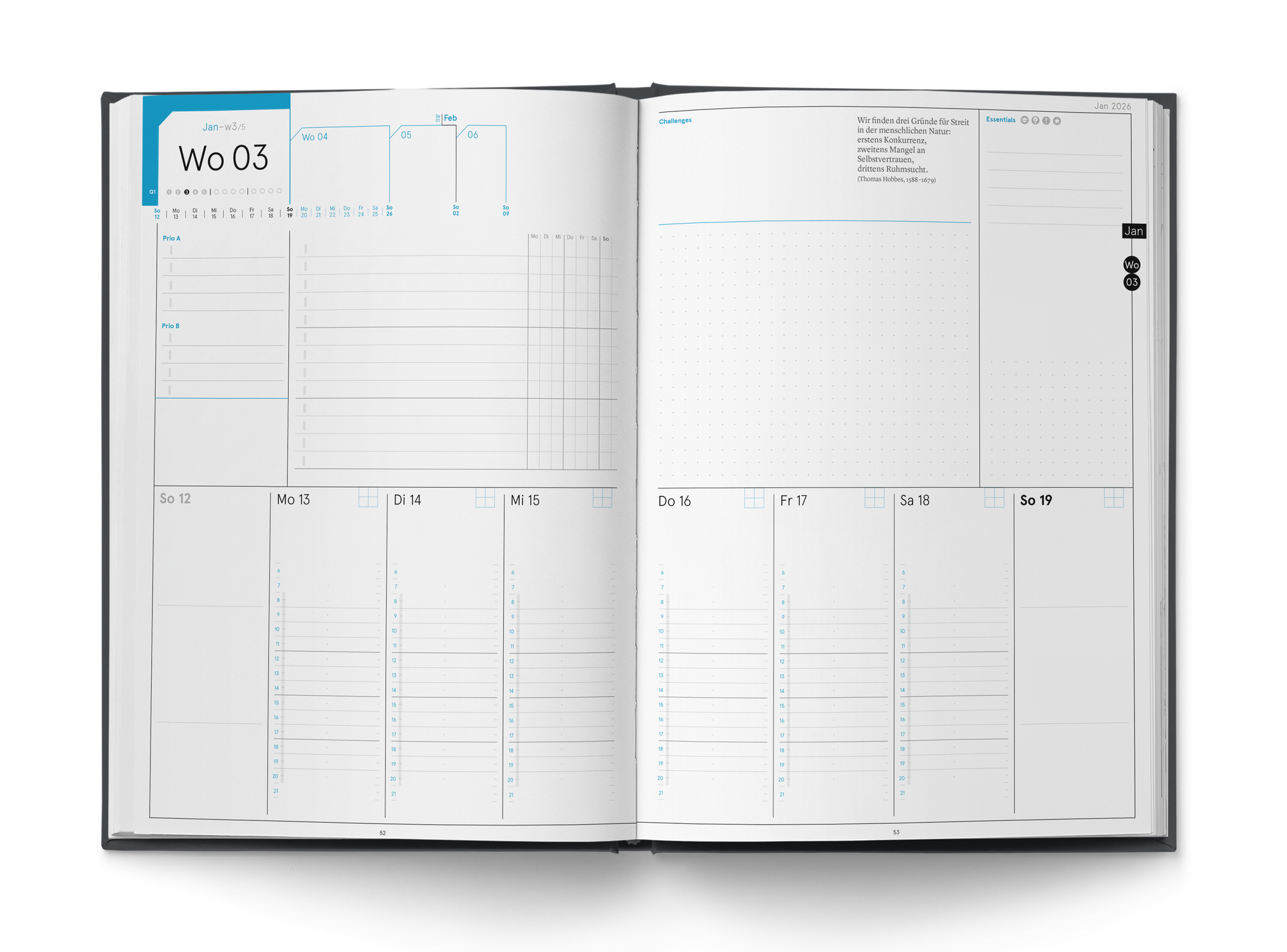 weekview Business Planner Pro A4 aufgeschlagen — Wochen-Doppelseite mit Prioritäten, Challenges und Tagesspalten