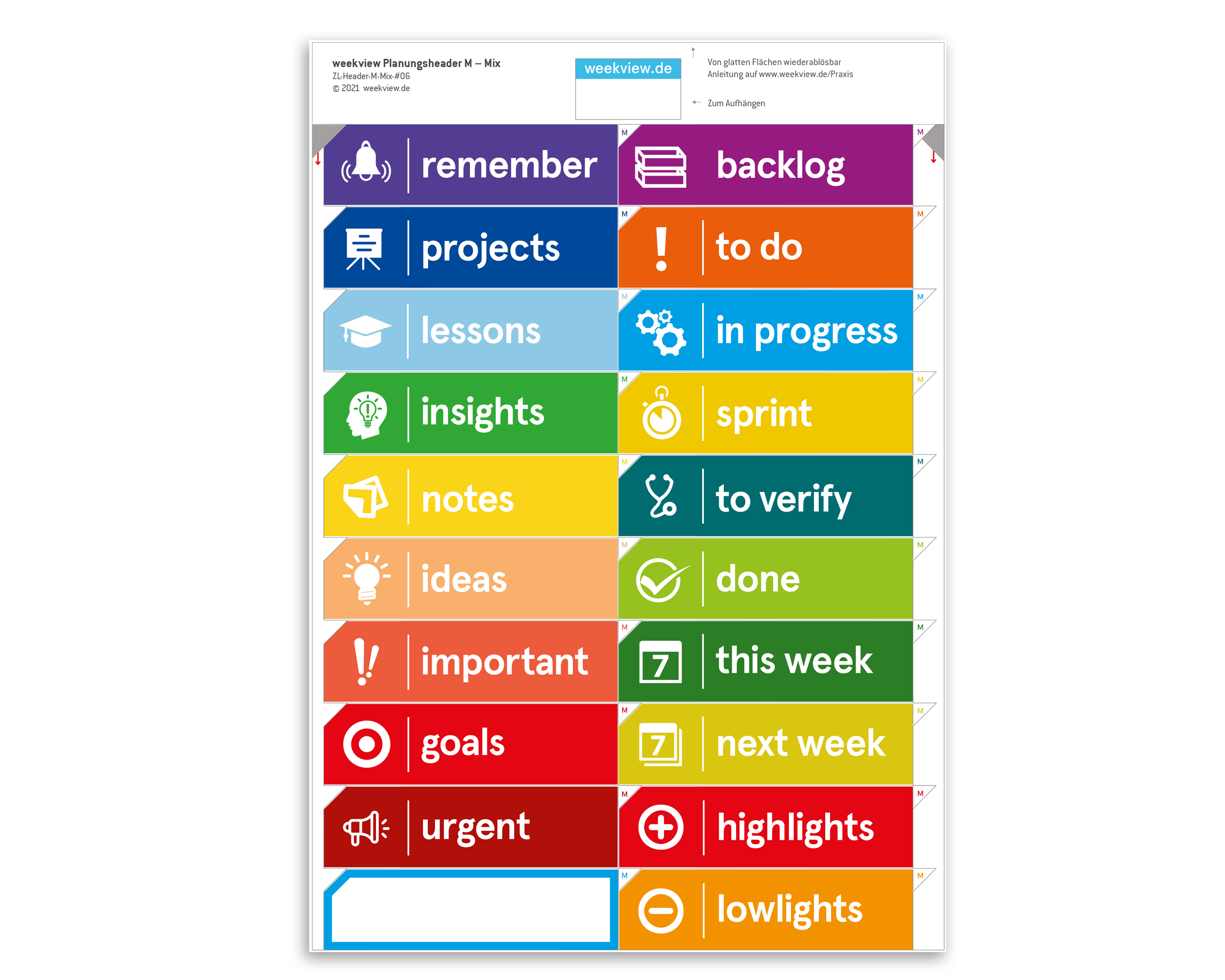 weekview planning header M – labelling for whiteboards & boards