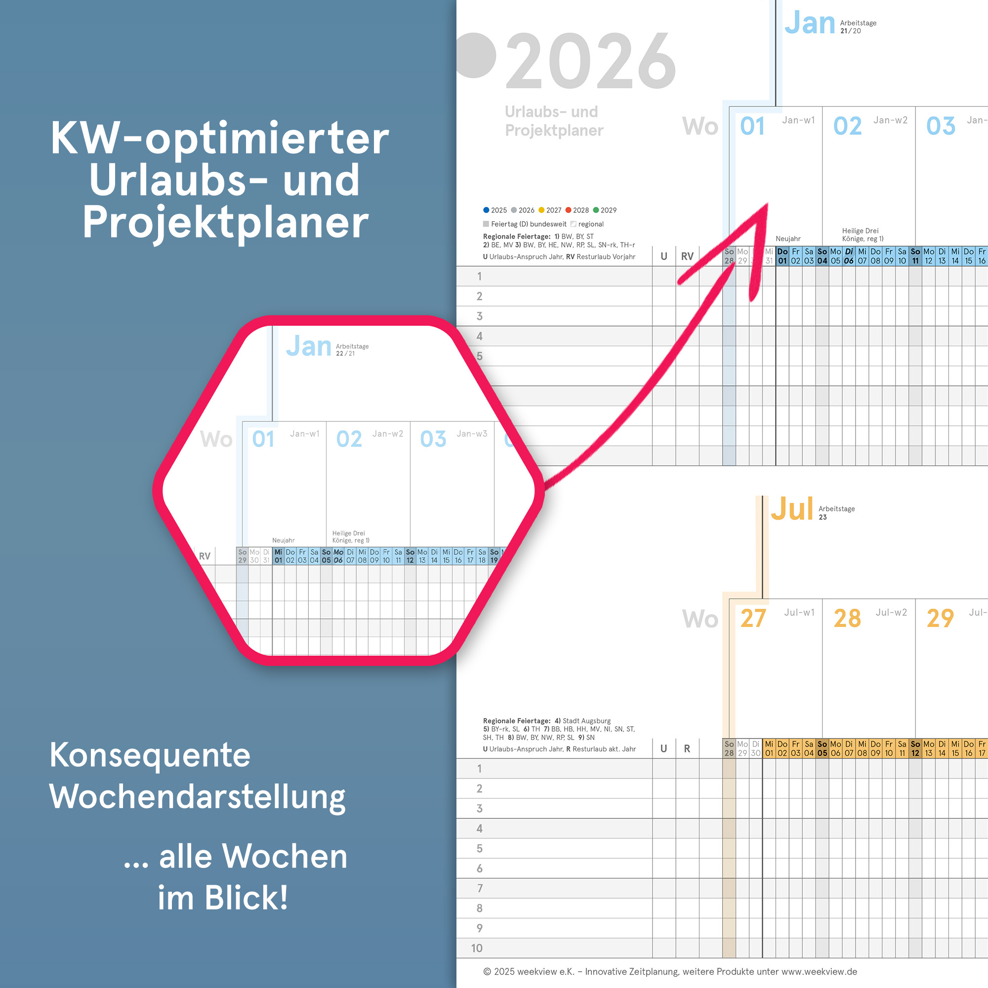 Urlaubs- und Projektplaner A4 abwischbar 2026 gerollt, 82,5x29,5 cm, Personal- und Dienstplaner