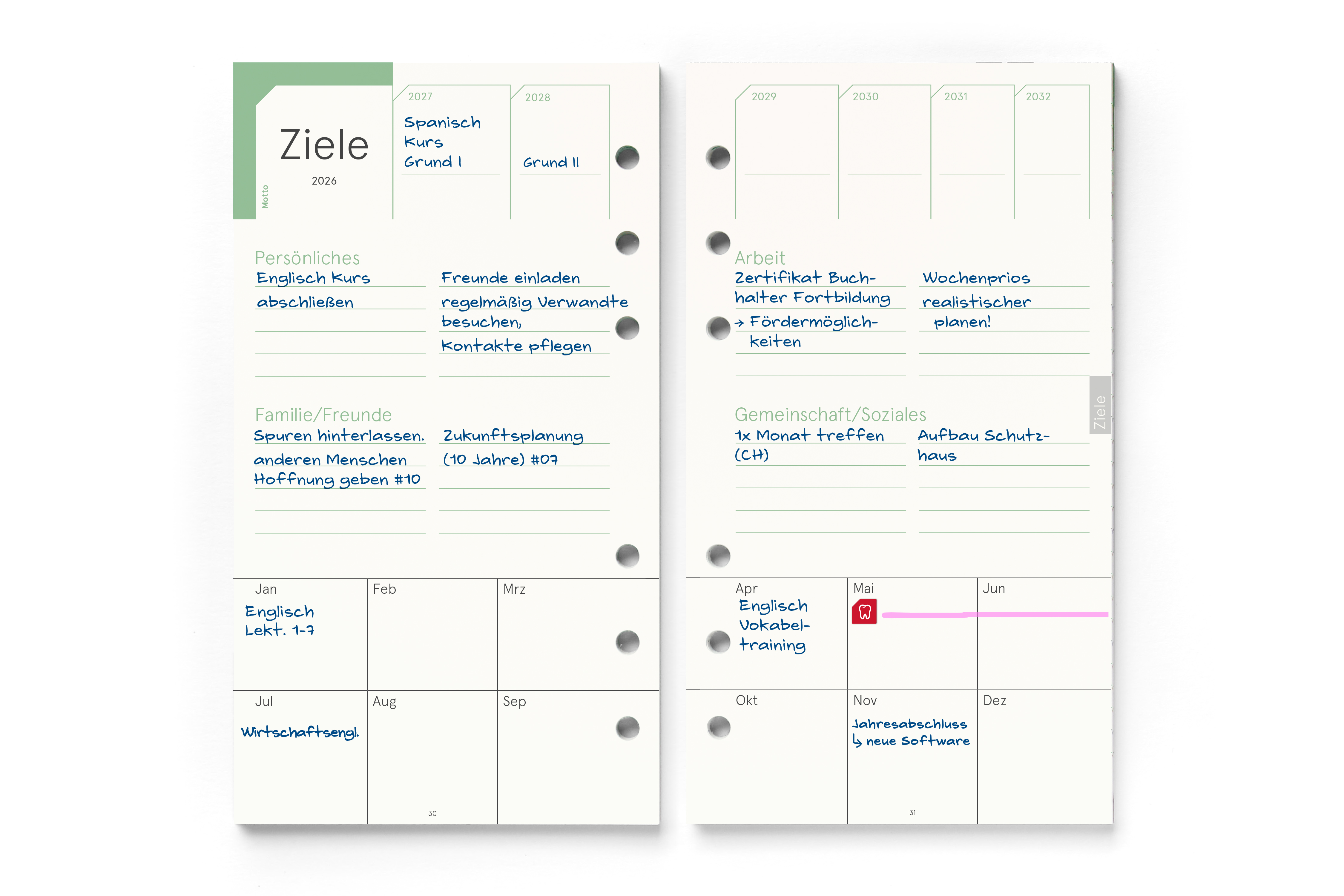 Personal-Einlagen 2026, Filofax-A6-Lochung