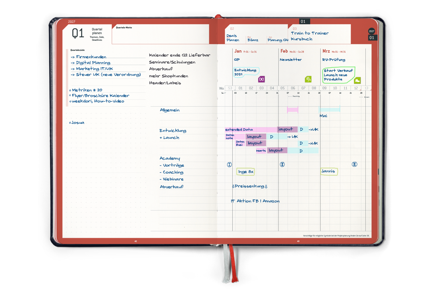 Quartalsrally in Aktion — Business Planner und Notebook am Schreibtisch