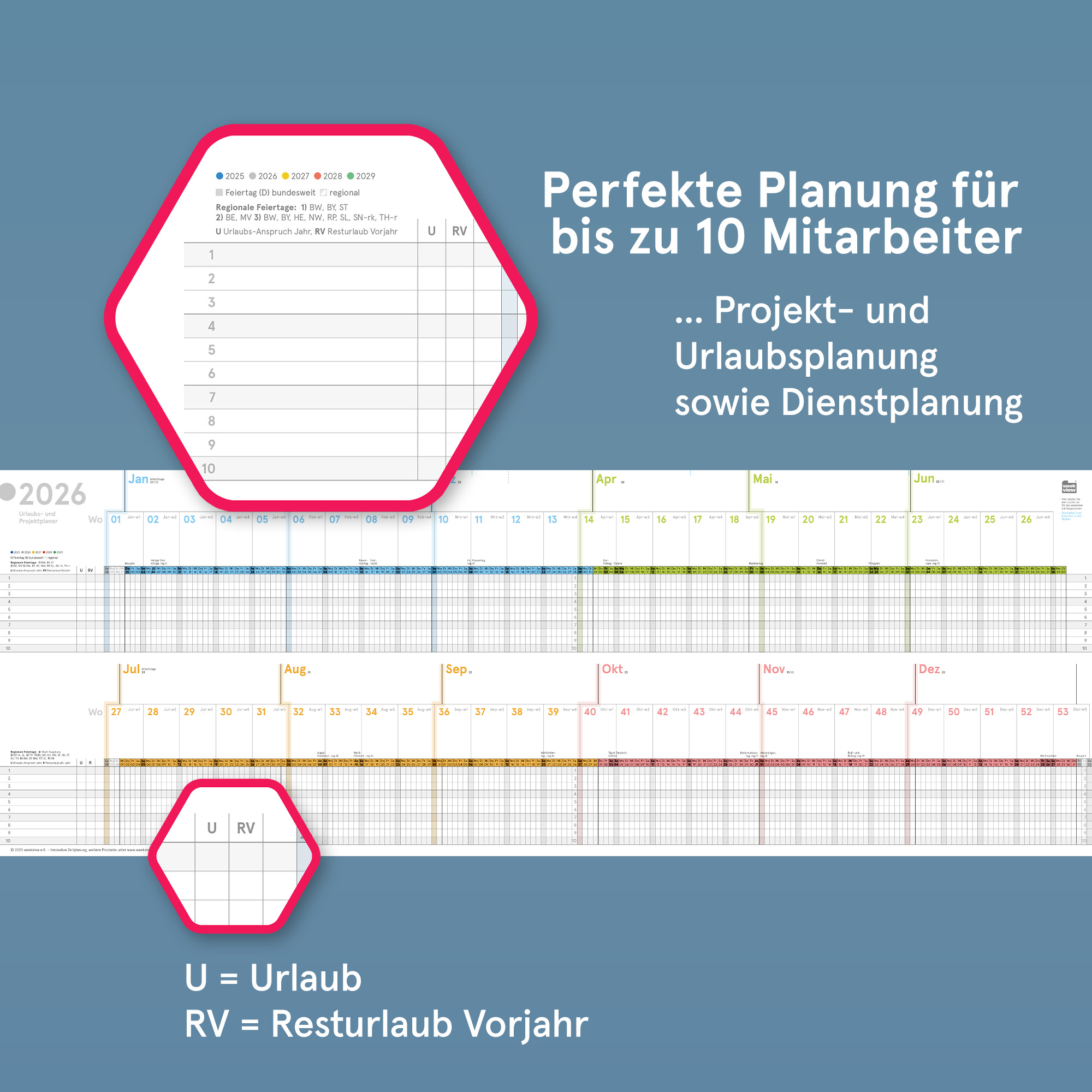 Urlaubs- und Projektplaner A4 abwischbar 2026 gerollt, 82,5x29,5 cm, Personal- und Dienstplaner