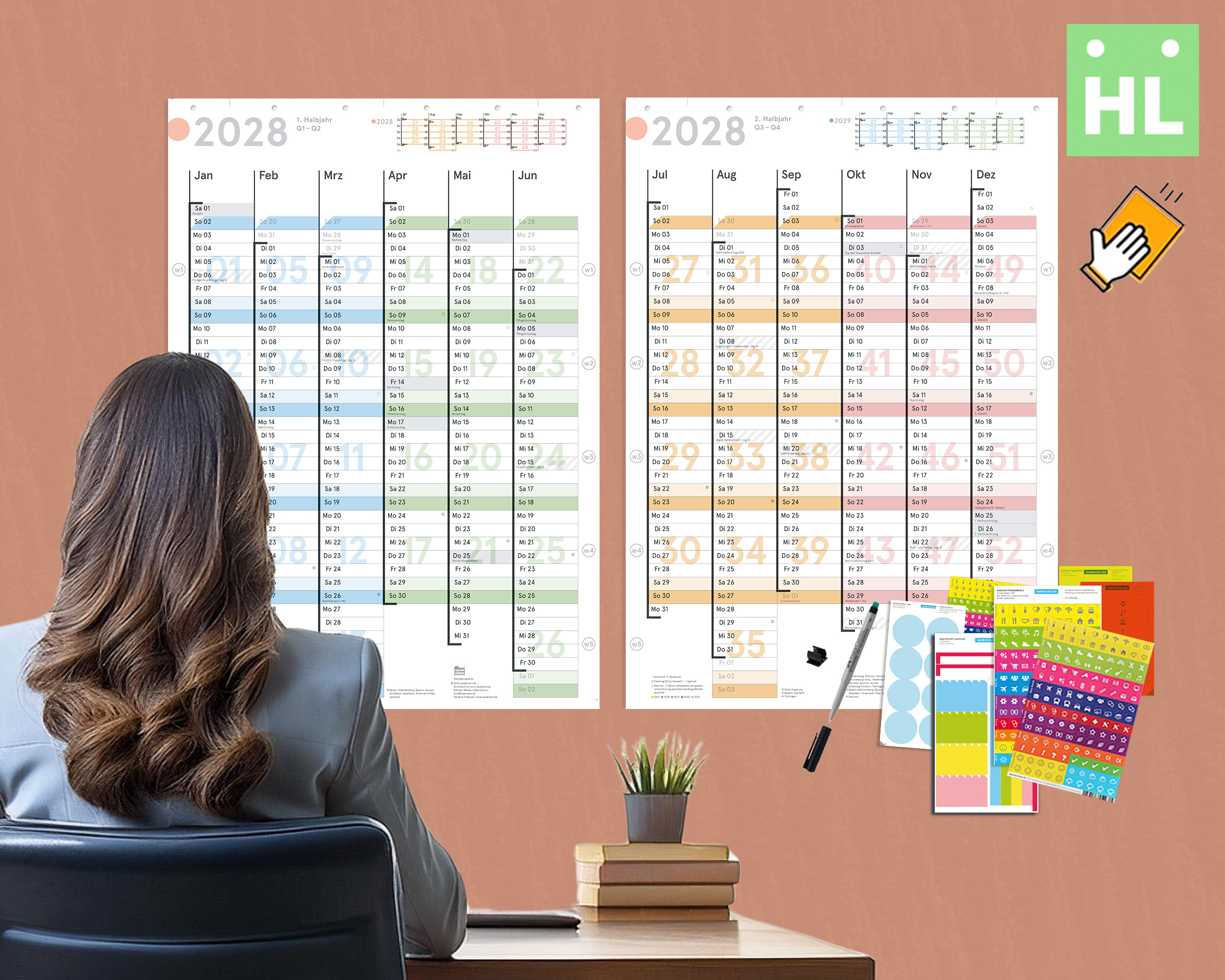 Wall calendar 2028, DIN A1 (2x A2h half-year planner)